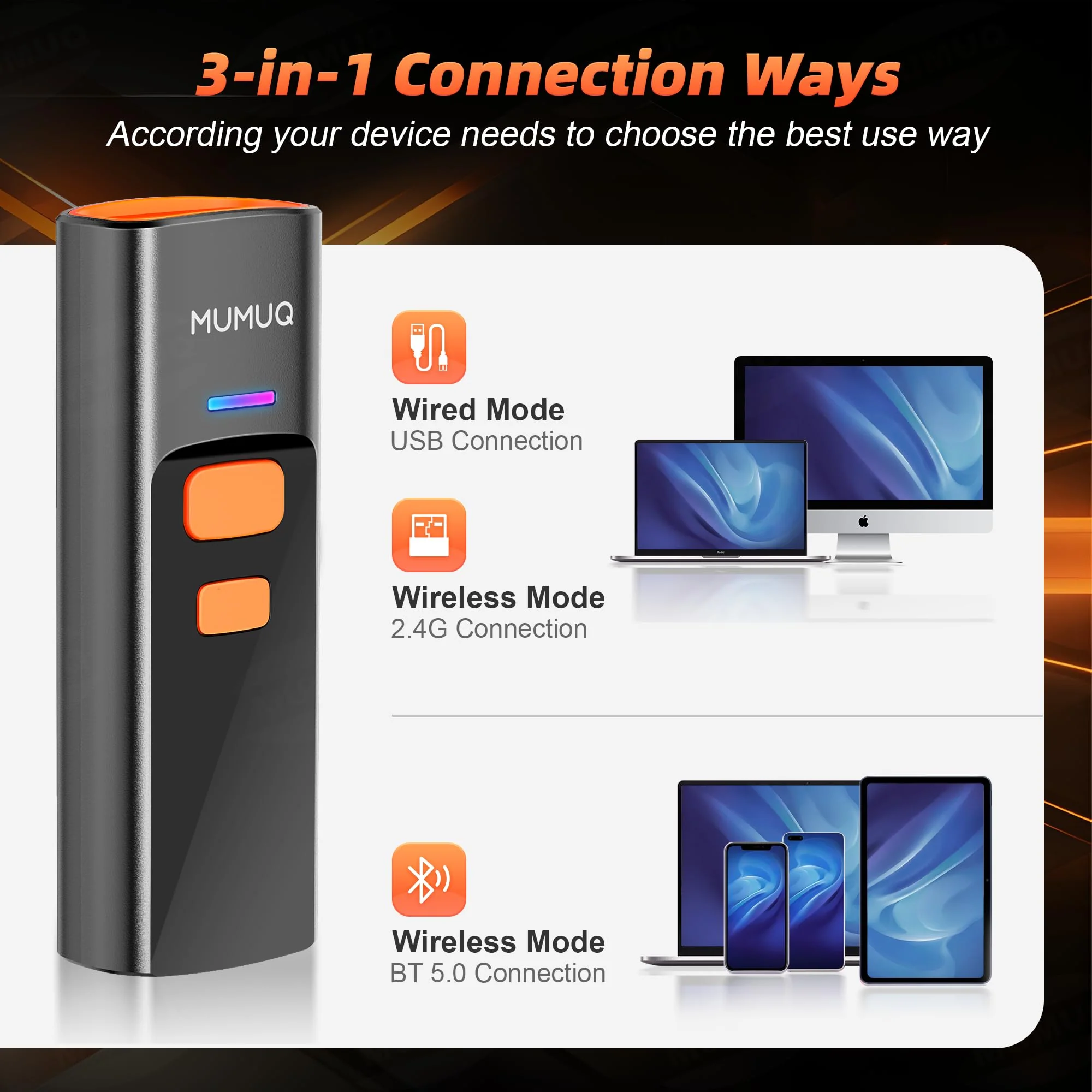 Wireless Barcode Scanner Mini Bluetooth 1D 2D QR Bar Code Scanner 3-in-1 Bluetooth & 2.4G & USB Wire Barcode Reader Compatible with Windows Android iOS Tablet PC (with Charging Dock) - Image 2