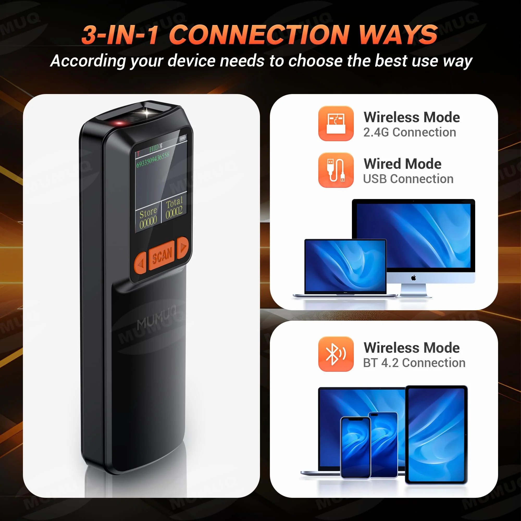 Wireless Barcode Scanner Mini Bluetooth 1D 2D QR Bar Code Scanner 3-in-1 Bluetooth & 2.4G & USB Wire Barcode Reader Compatible with Windows Android iOS Tablet PC (with LCD Screen) - Image 6