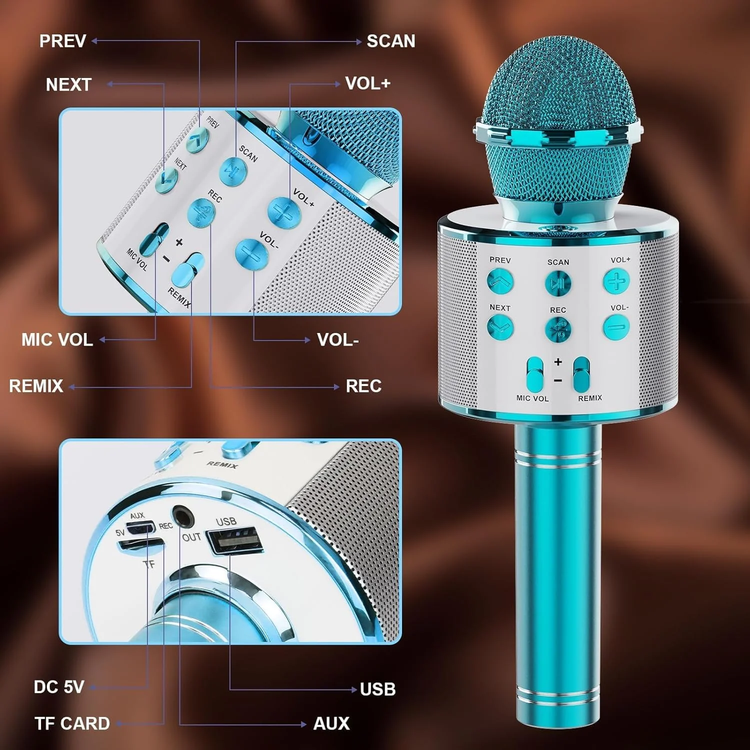 Wireless Bluetooth Karaoke Microphone 2 Pack, 4-in-1 Handheld Mic Speaker for Singing, Karaoke Machine for Phone Android PC, Great Birthday Gifts for Girls Kids Adults for Party,Home KTV,Blue&Rose Blue+Rose - Image 3
