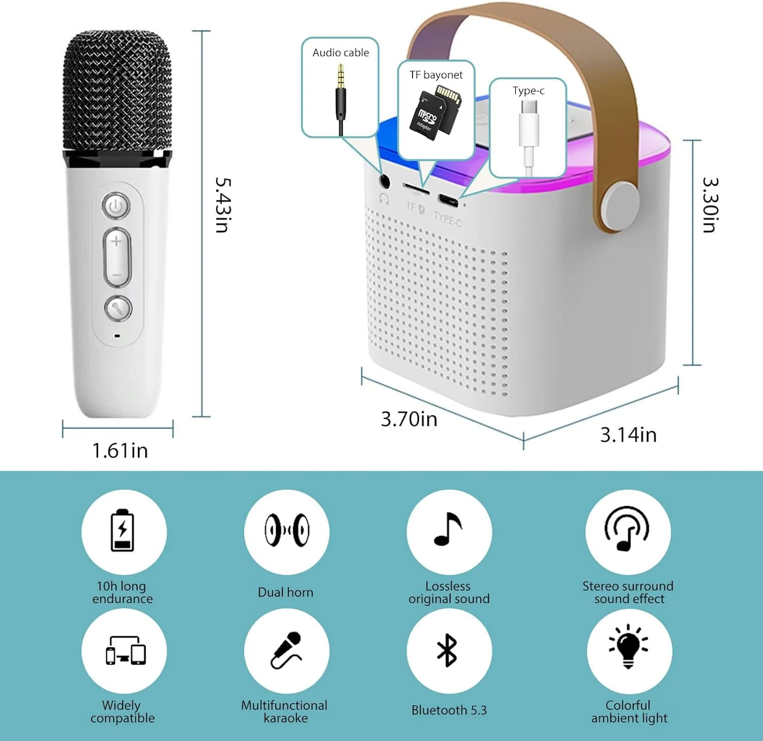 Wireless Bluetooth Karaoke Microphone for All Smartphones, Portable Bluetooth Karaoke Speaker with 2 Wireless handheled Microphones for Home Party, Birthday Gifts for Girls Boys Kids Adults (White) - Image 2