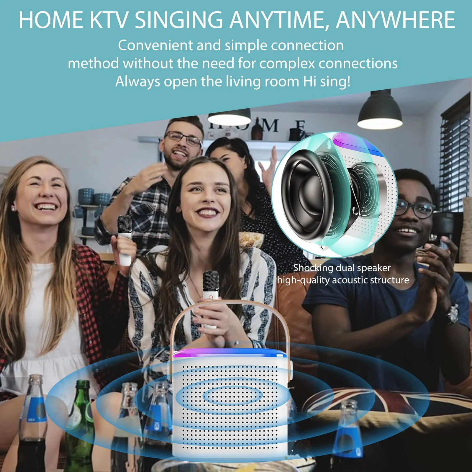 Wireless Bluetooth Karaoke Microphone for All Smartphones, Portable Bluetooth Karaoke Speaker with 2 Wireless handheled Microphones for Home Party, Birthday Gifts for Girls Boys Kids Adults (White) - Image 7