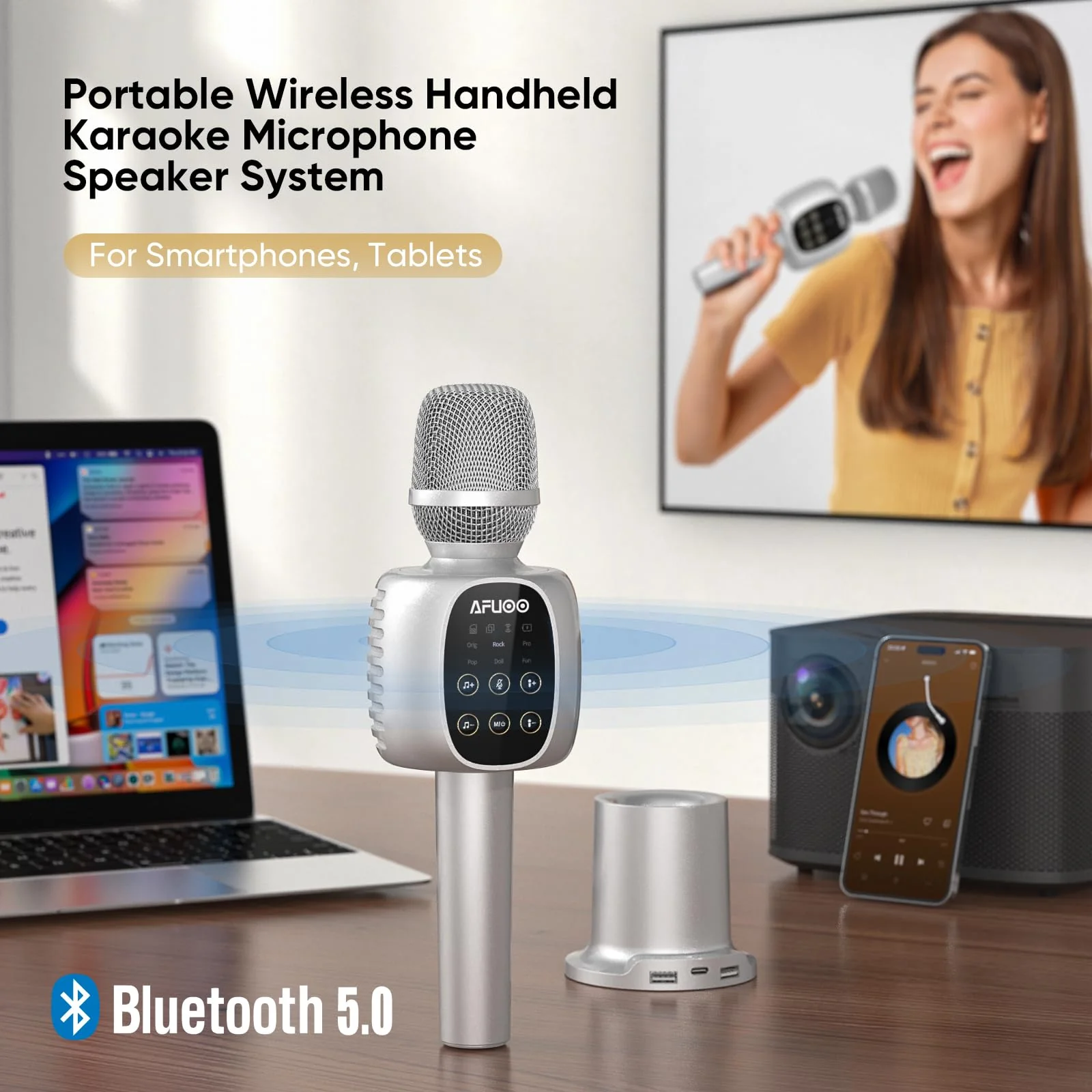 Wireless Bluetooth Karaoke Microphone Speaker for Adults, Karaoke Mic with Stereo Speaker for Smartphone, Tablet, Duet Singing Karaoke Mic for Speech, Home Party, Vocal Changer, Silver Included base - Image 2