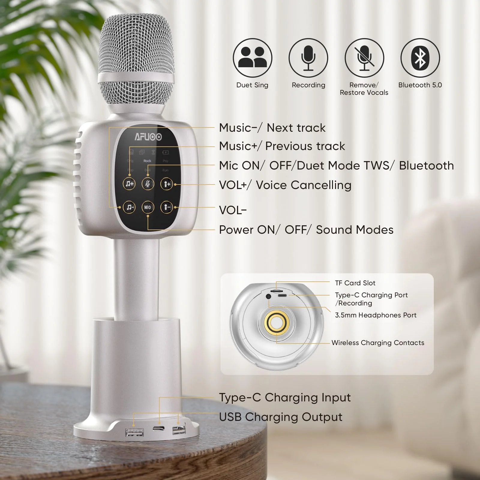 Wireless Bluetooth Karaoke Microphone Speaker for Adults, Karaoke Mic with Stereo Speaker for Smartphone, Tablet, Duet Singing Karaoke Mic for Speech, Home Party, Vocal Changer, Silver Included base - Image 8