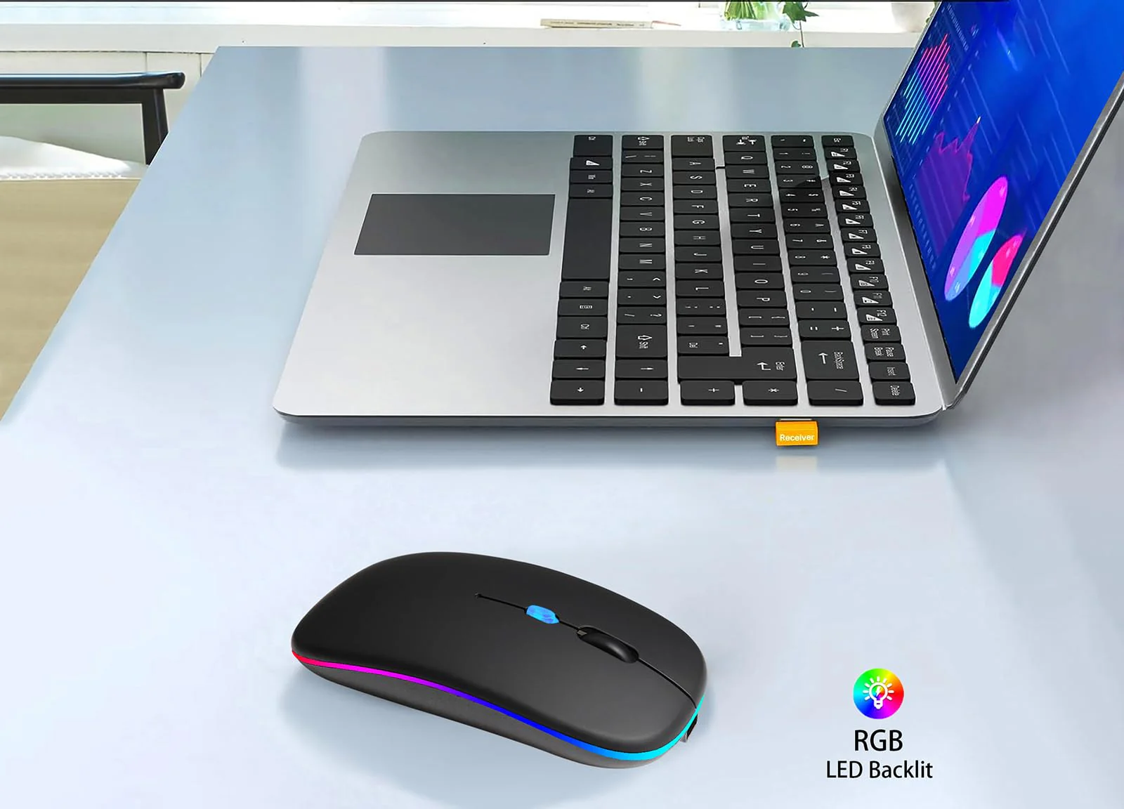 Wireless Bluetooth Mouse,LED Rechargeable Laptop Mouse .Portable Office Computer Mice use(BT5.2 and USB 2.4G) Dual Mode Connection,Silent,Slim,for Apple Laptop/ipad Tablet/Mac/PC/phone.(Black) Black - Image 7