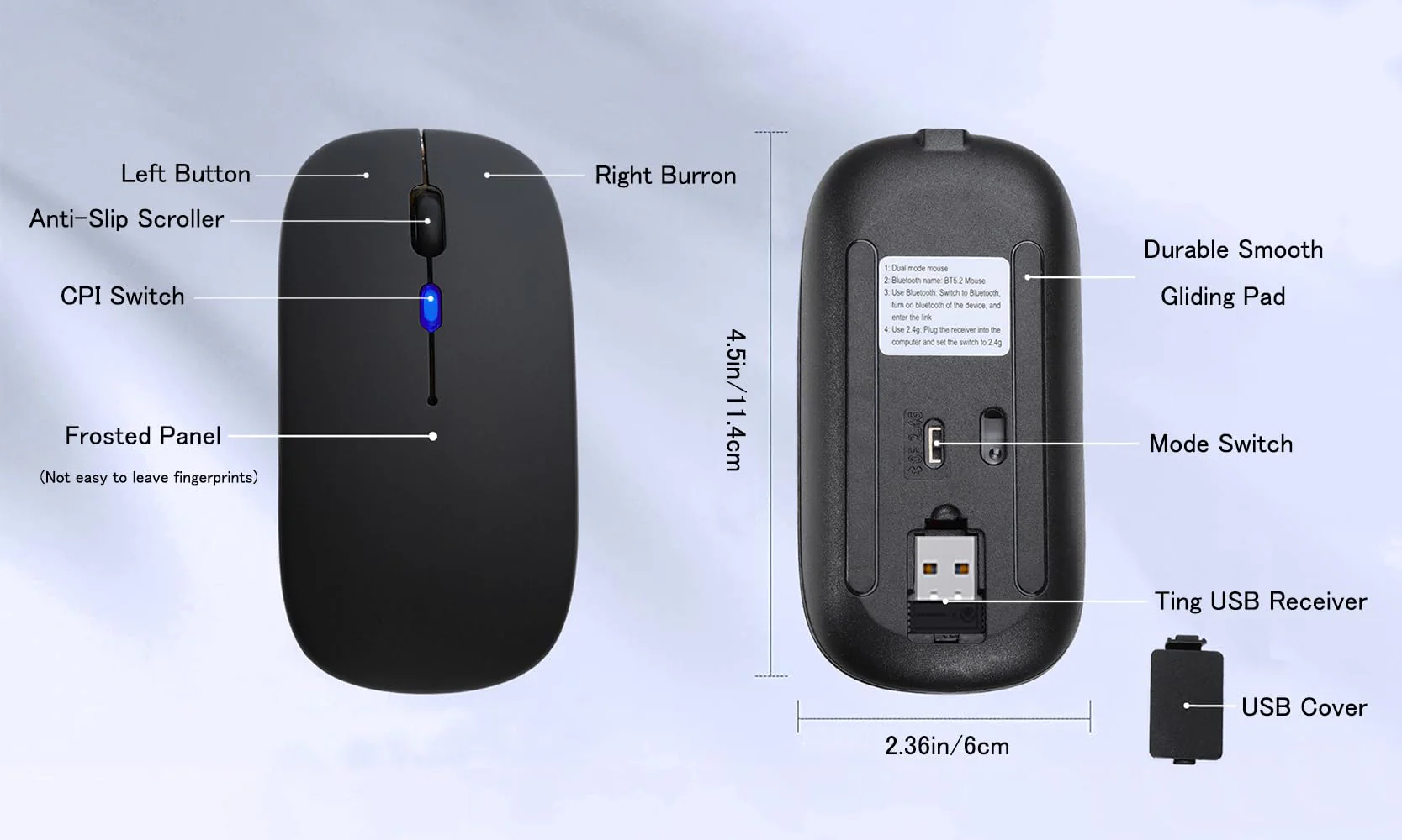 Wireless Bluetooth Mouse,LED Rechargeable Laptop Mouse .Portable Office Computer Mice use(BT5.2 and USB 2.4G) Dual Mode Connection,Silent,Slim,for Apple Laptop/ipad Tablet/Mac/PC/phone.(Black) Black - Image 8