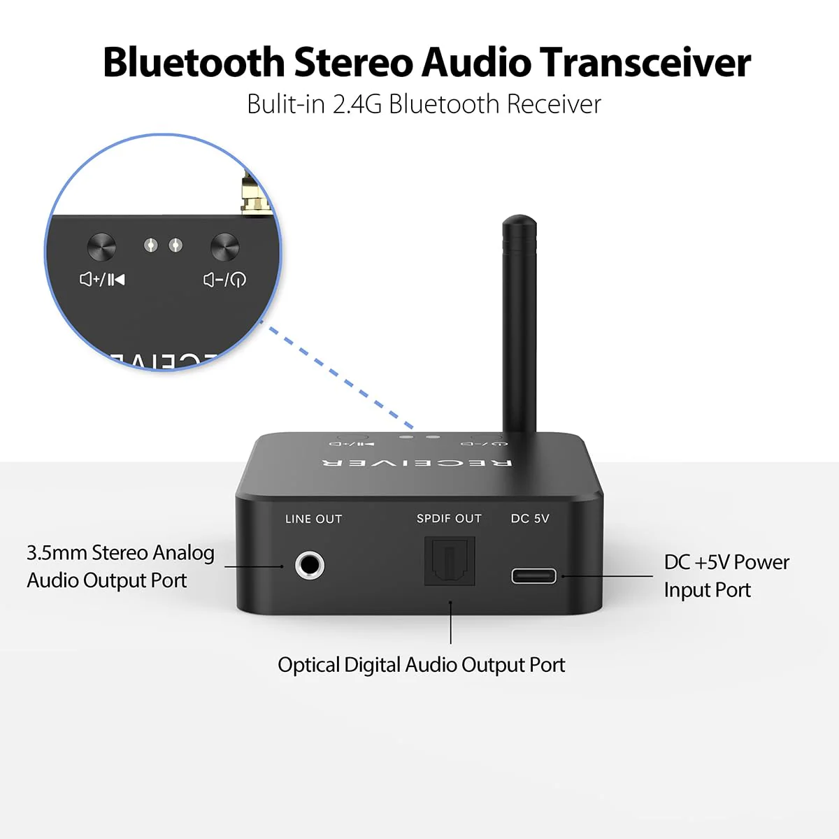 Wireless Bluetooth Receiver 192KHz Digital to Analog Audio, 160ft Long Range with Built-in Bluetooth 5.3 Receiver, Wireless Adapter Kit with 3.5mm Stereo Analog(Line) and Optical Digital(SPDIF) Out - Image 2