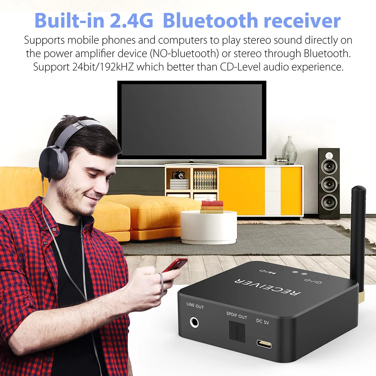 Wireless Bluetooth Receiver 192KHz Digital to Analog Audio, 160ft Long Range with Built-in Bluetooth 5.3 Receiver, Wireless Adapter Kit with 3.5mm Stereo Analog(Line) and Optical Digital(SPDIF) Out - Image 4