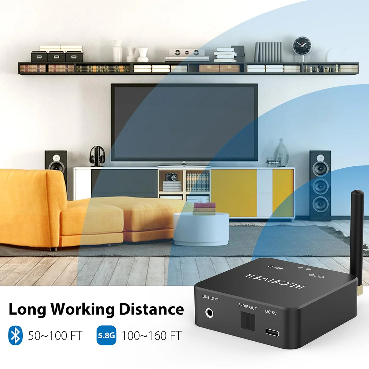 Wireless Bluetooth Receiver 192KHz Digital to Analog Audio, 160ft Long Range with Built-in Bluetooth 5.3 Receiver, Wireless Adapter Kit with 3.5mm Stereo Analog(Line) and Optical Digital(SPDIF) Out - Image 6