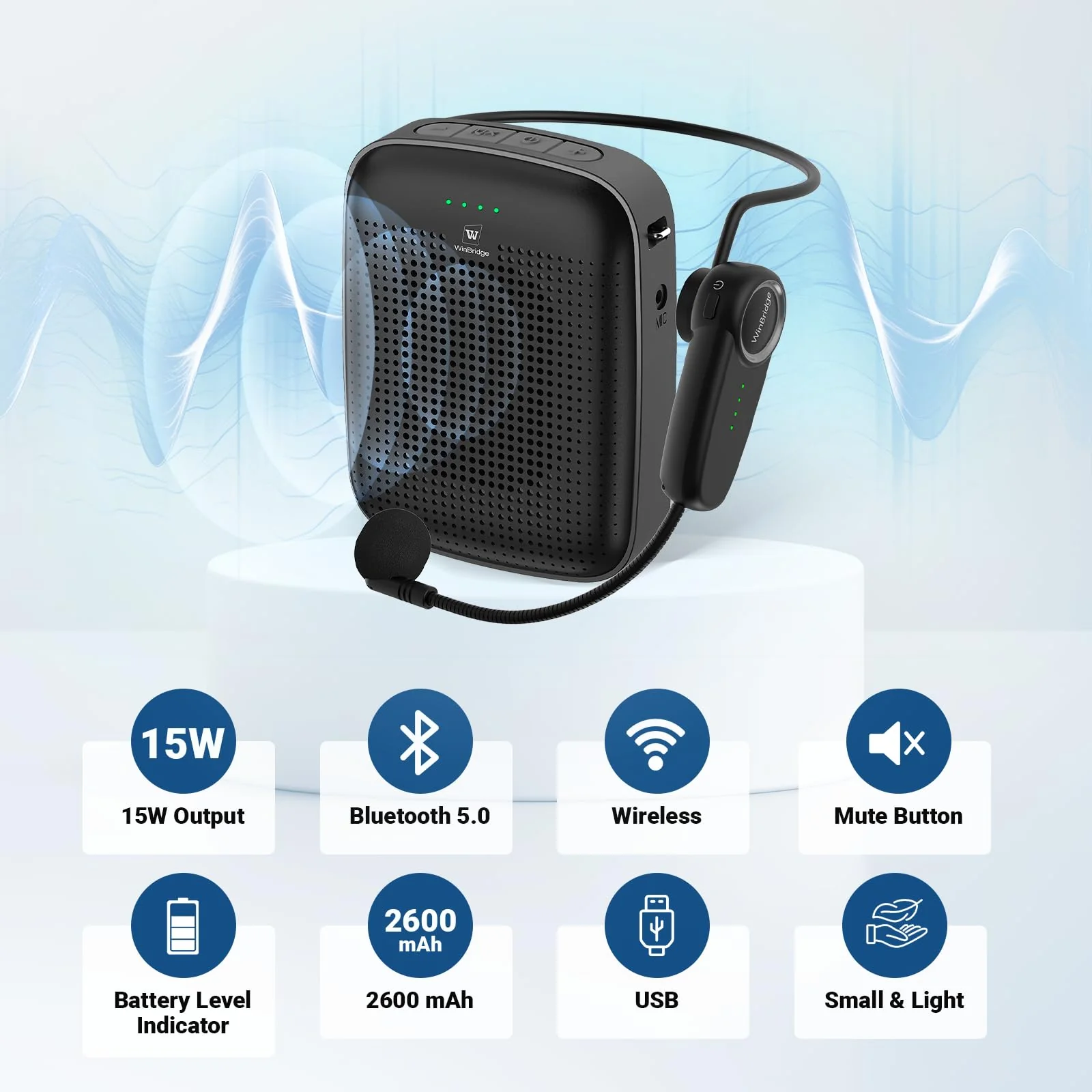 Wireless Bluetooth Voice Amplifier for Teachers – 15W Portable Mini Amplifier Speaker with Wireless Microphone Headset, Personal Mic for Classroom, Teaching, Training & Public Speaking – A002 - Image 3