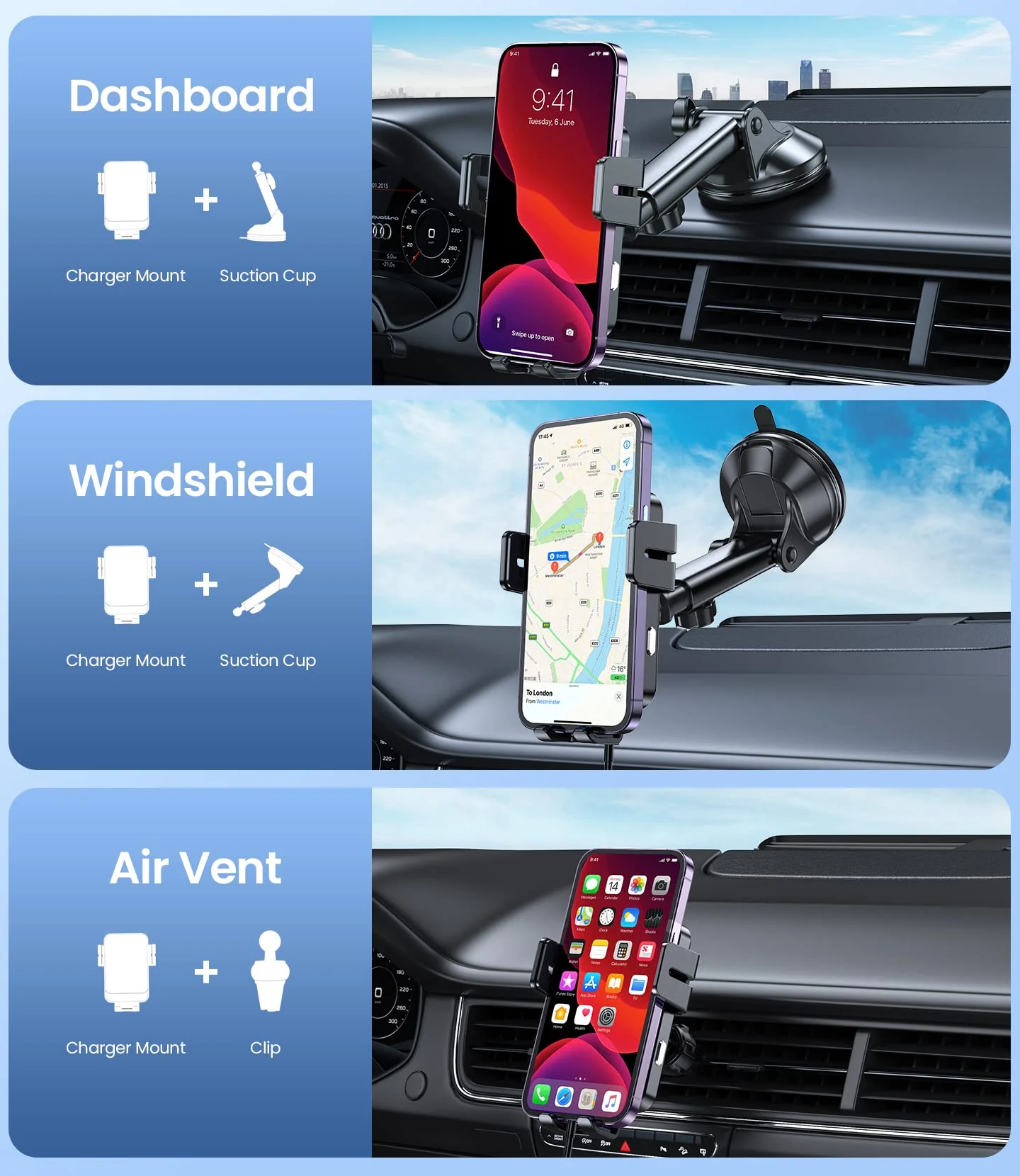Wireless Car Charger, MOKPR 15W Fast Charging Auto-Clamping Car Mount Universal Hands-Free Car Charger Mount for Dash Windshield Air Vent Compatible with iPhone 16 15/14/13/12, Samsung S23/S22/S21,etc Grey - Image 2