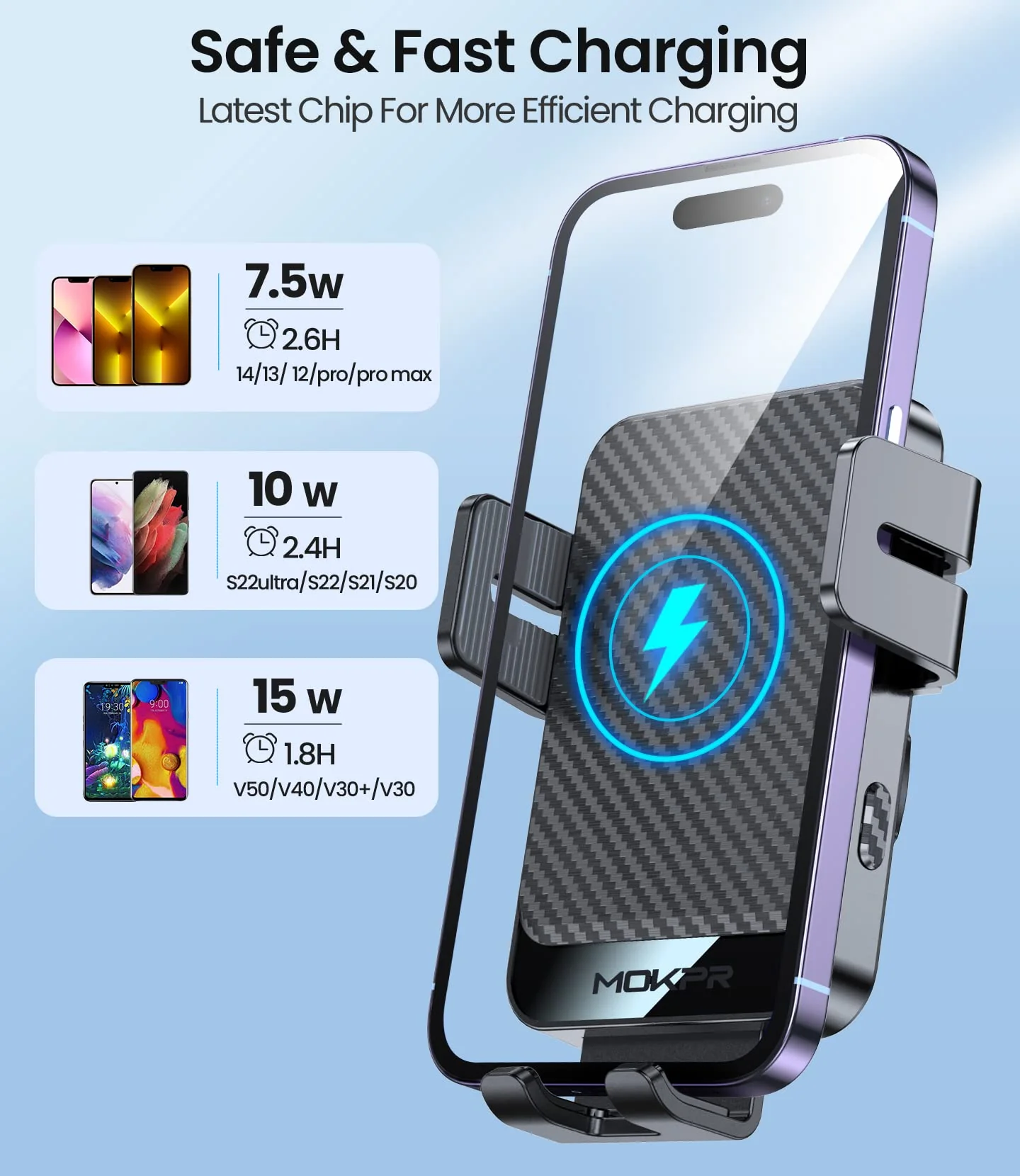 Wireless Car Charger, MOKPR 15W Fast Charging Auto-Clamping Car Mount Universal Hands-Free Car Charger Mount for Dash Windshield Air Vent Compatible with iPhone 16 15/14/13/12, Samsung S23/S22/S21,etc Grey - Image 5