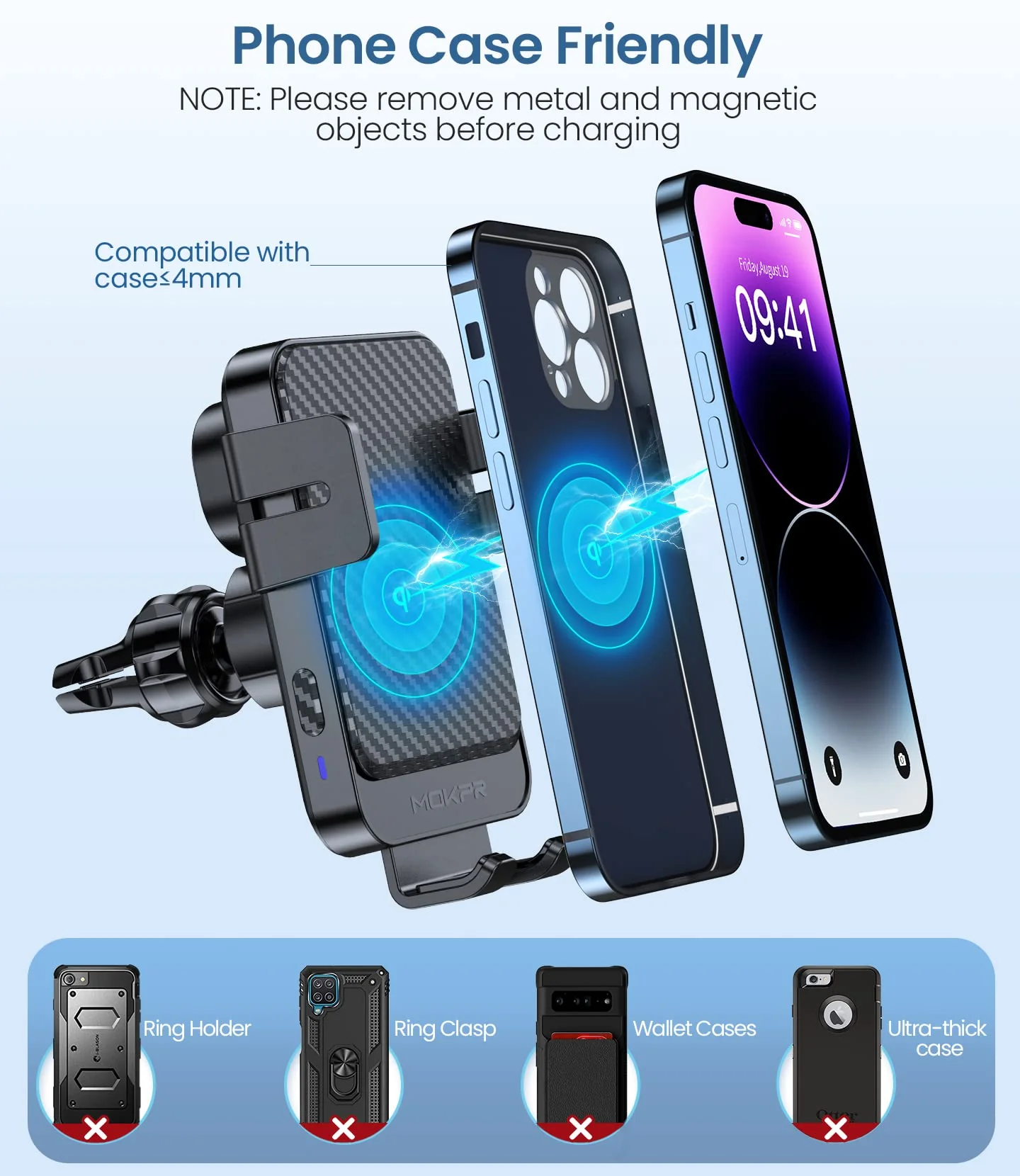 Wireless Car Charger, MOKPR 15W Fast Charging Auto-Clamping Car Mount Universal Hands-Free Car Charger Mount for Dash Windshield Air Vent Compatible with iPhone 16 15/14/13/12, Samsung S23/S22/S21,etc Grey - Image 7