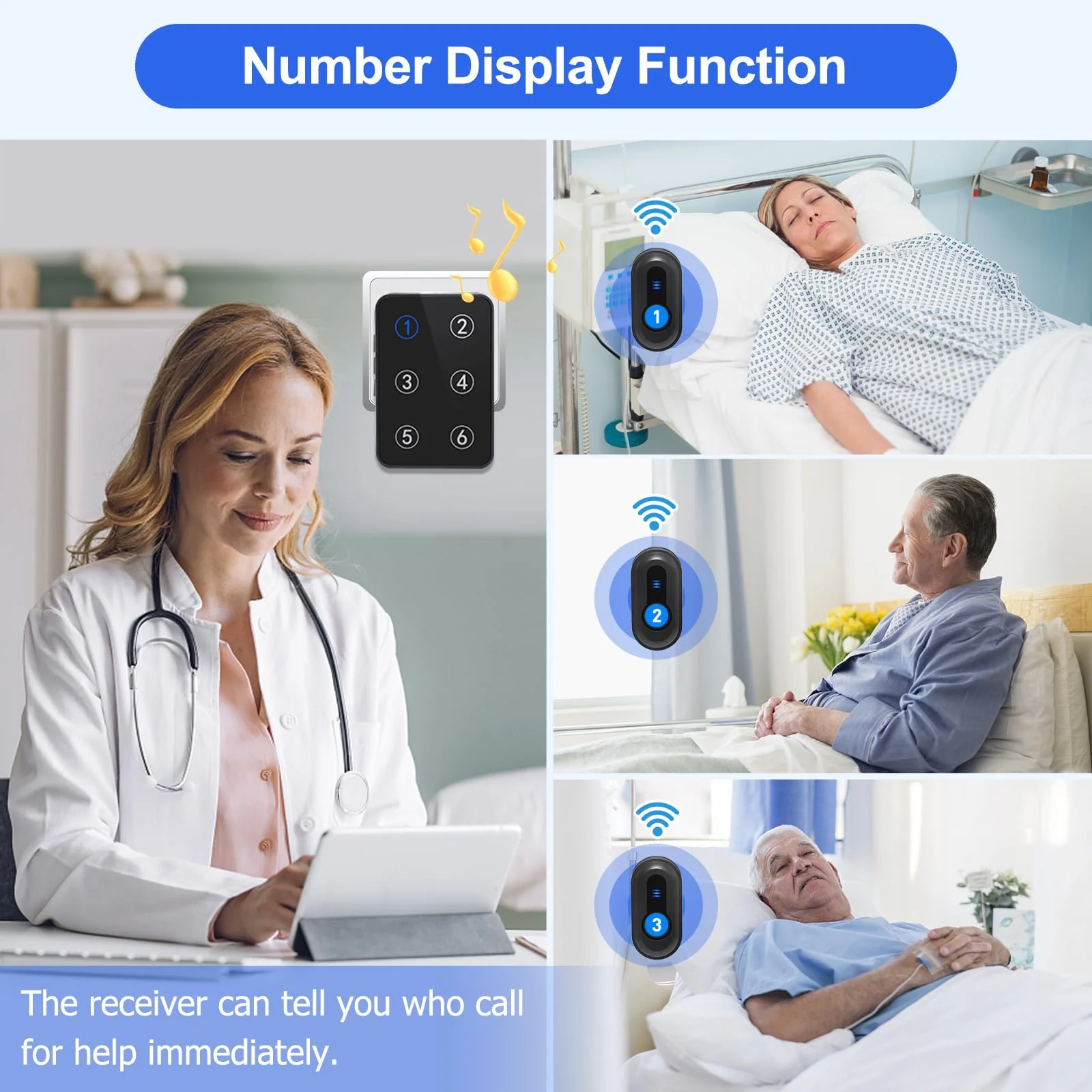 Wireless Caregiver Pager Call Button Nurse Call System 500Ft Range with LED Number Display for Elderly/Patient/Disabled at Home/Hospital/Clinic(6 Waterproof Call Button & 1 Receiver) 6 call button + 1 receiver - Image 2