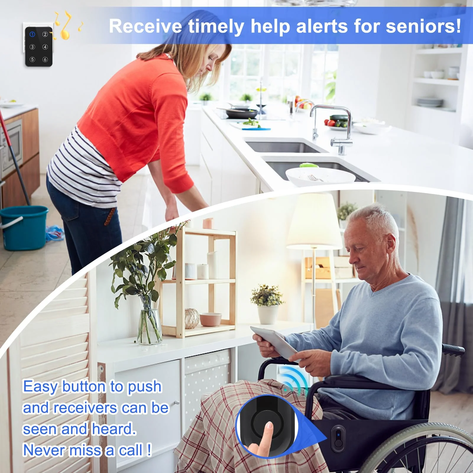 Wireless Caregiver Pager Call Button Nurse Call System 500Ft Range with LED Number Display for Elderly/Patient/Disabled at Home/Hospital/Clinic(6 Waterproof Call Button & 1 Receiver) 6 call button + 1 receiver - Image 3