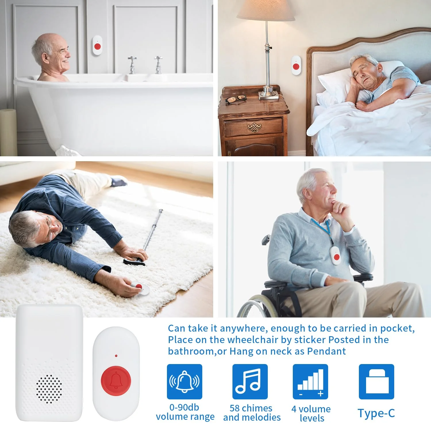 Wireless Caregiver Pager Nurse Alert System SOS Call Button Vibration Pager Nurse Calling Alert System with 58 Melodies 4 Adjust Volume Levels for Patients Seniors Elderly Monitoring at Home ] 1 Receiver 1 Call Button - Image 4