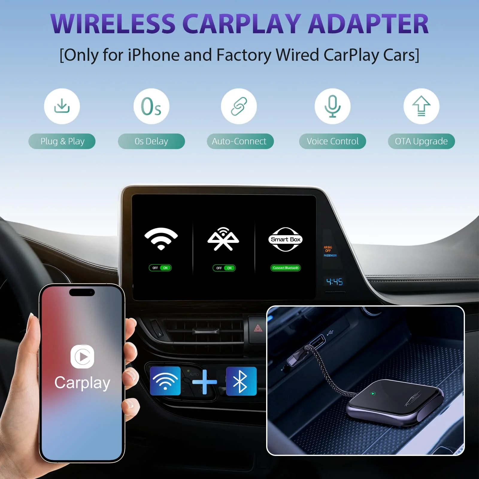 Wireless Carplay Adapter, 2024 Upgrade Converts Wired to Wireless Adapter for iPhone, Plug and Play Dongle for Apple Car Play, Bluetooth Wireless Control Adapter for Cars from 2016 and iOS 10+, Black - Image 2