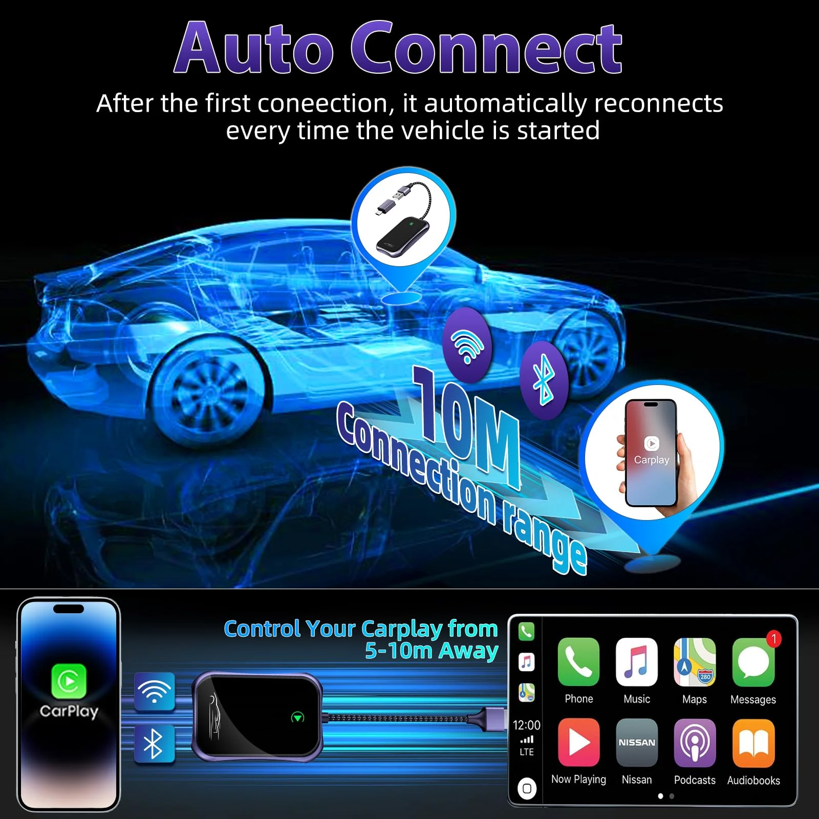 Wireless Carplay Adapter, 2024 Upgrade Converts Wired to Wireless Adapter for iPhone, Plug and Play Dongle for Apple Car Play, Bluetooth Wireless Control Adapter for Cars from 2016 and iOS 10+, Black - Image 6
