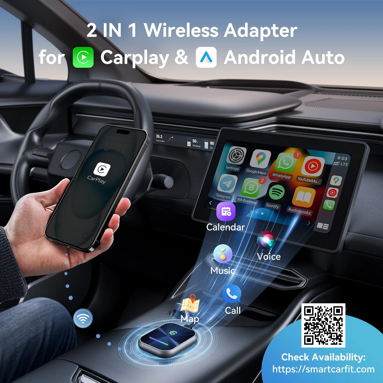 Wireless CarPlay Adapter 2024 Upgraded, 2 in 1 Wireless CarPlay & Android Auto Adapter Converts Factory Wired CarPlay to Wireless, Plug and Play Car Play Wireless Adapter, Compatible iPhone/Android - Image 2
