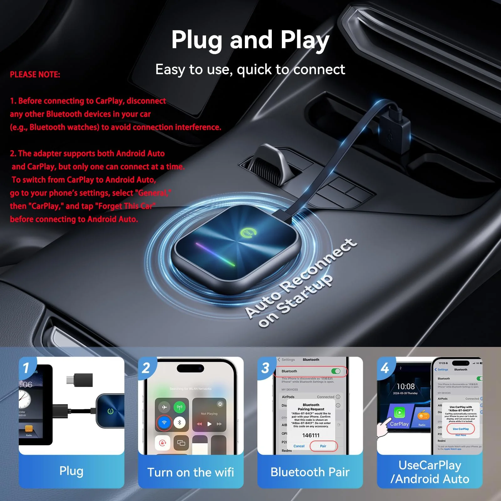 Wireless CarPlay Adapter 2024 Upgraded, 2 in 1 Wireless CarPlay & Android Auto Adapter Converts Factory Wired CarPlay to Wireless, Plug and Play Car Play Wireless Adapter, Compatible iPhone/Android - Image 4