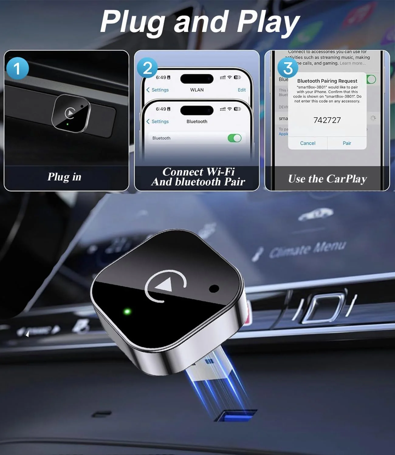 Wireless CarPlay Adapter & Android Auto Dongle, Fast Auto-Connect, Compact Plug & Play Wireless CarPlay Converter for iPhone & Android, USB/USB-C, No Delay, Seamless Reconnection (Black) - Image 5