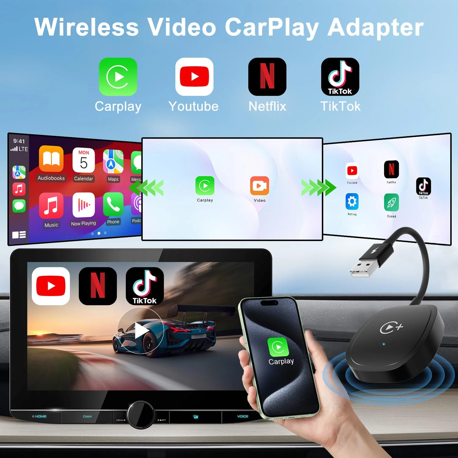 Wireless CarPlay Adapter, CarPlay Wireless Adapter Supports Netflix, YouTube, and Tiktok Stream Media Play, for OEM Wired CarPlay to Wireless Dongle, Fits for Cars from 2016 & iOS 10+ Phone - Image 2