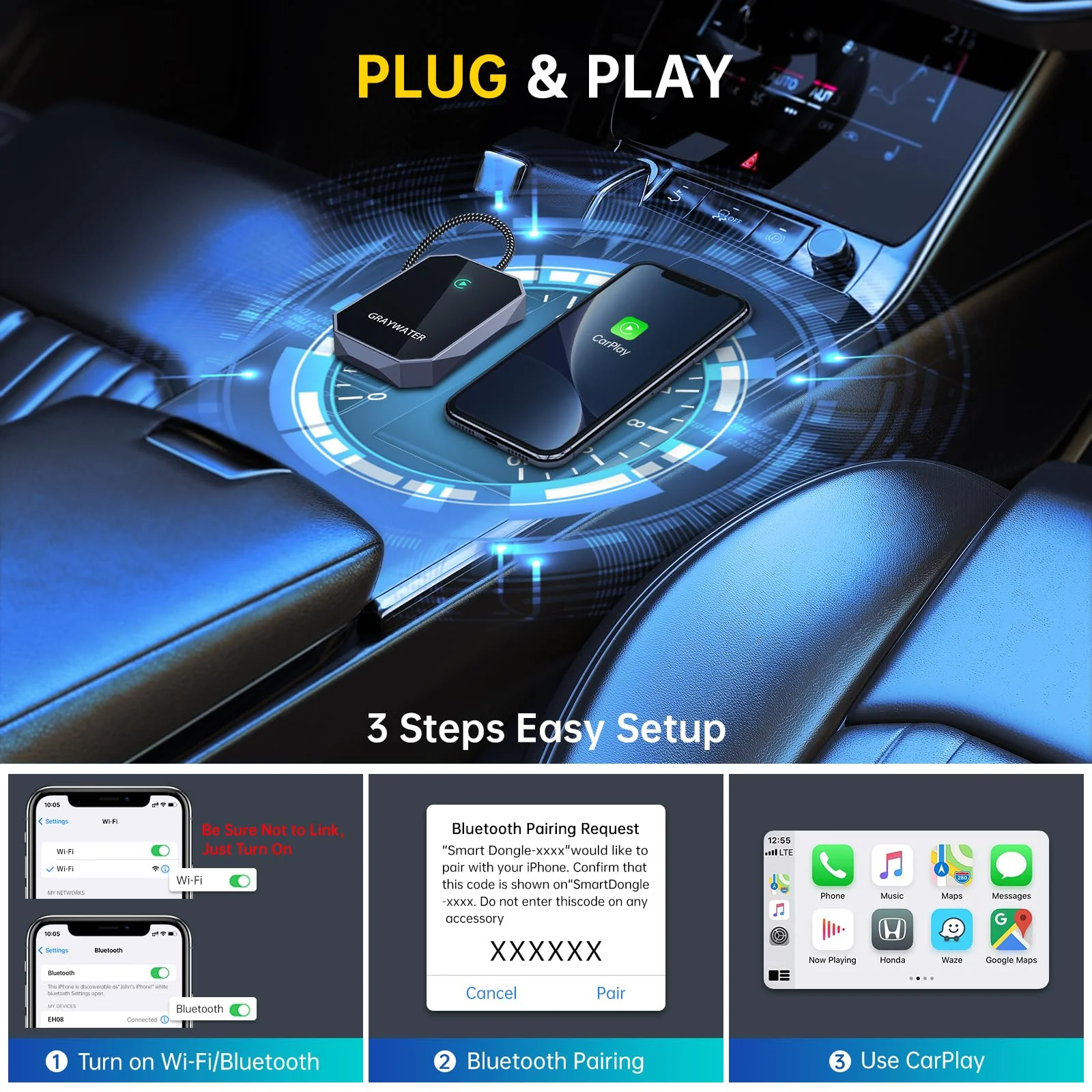 Wireless CarPlay Adapter, Convert OEM Wired to Wireless Car Play Dongle Fit for Cars 2015+ & for Apple iPhone iOS 10+, Innovative Seamless Control Plug & Play Black Gray - Image 2