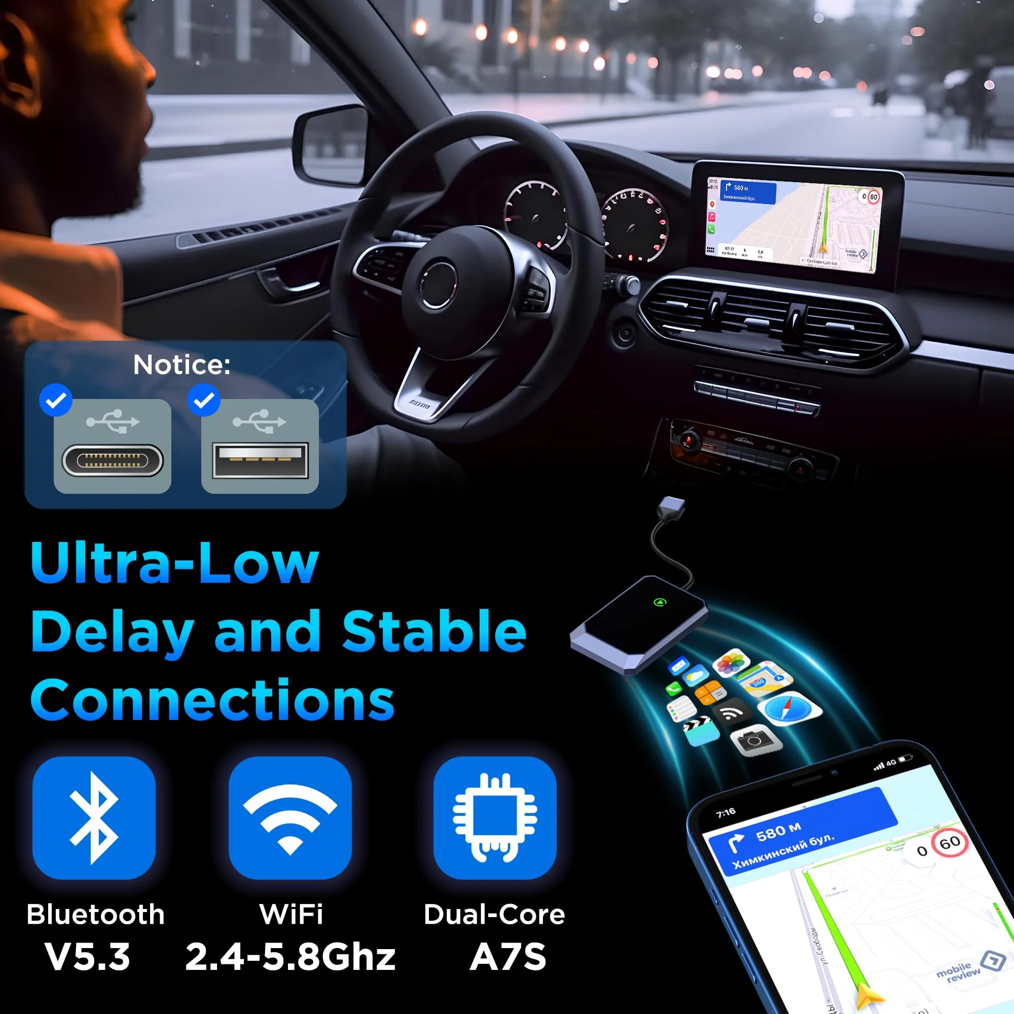 Wireless Carplay Adapter, Converts Wired to Wireless carplay Adapter for iPhone, Wireless Control Plug & Play Carplay for Cars from 2017 & for Apple iPhone iOS 10+ BY960H-CarPlay - Image 5