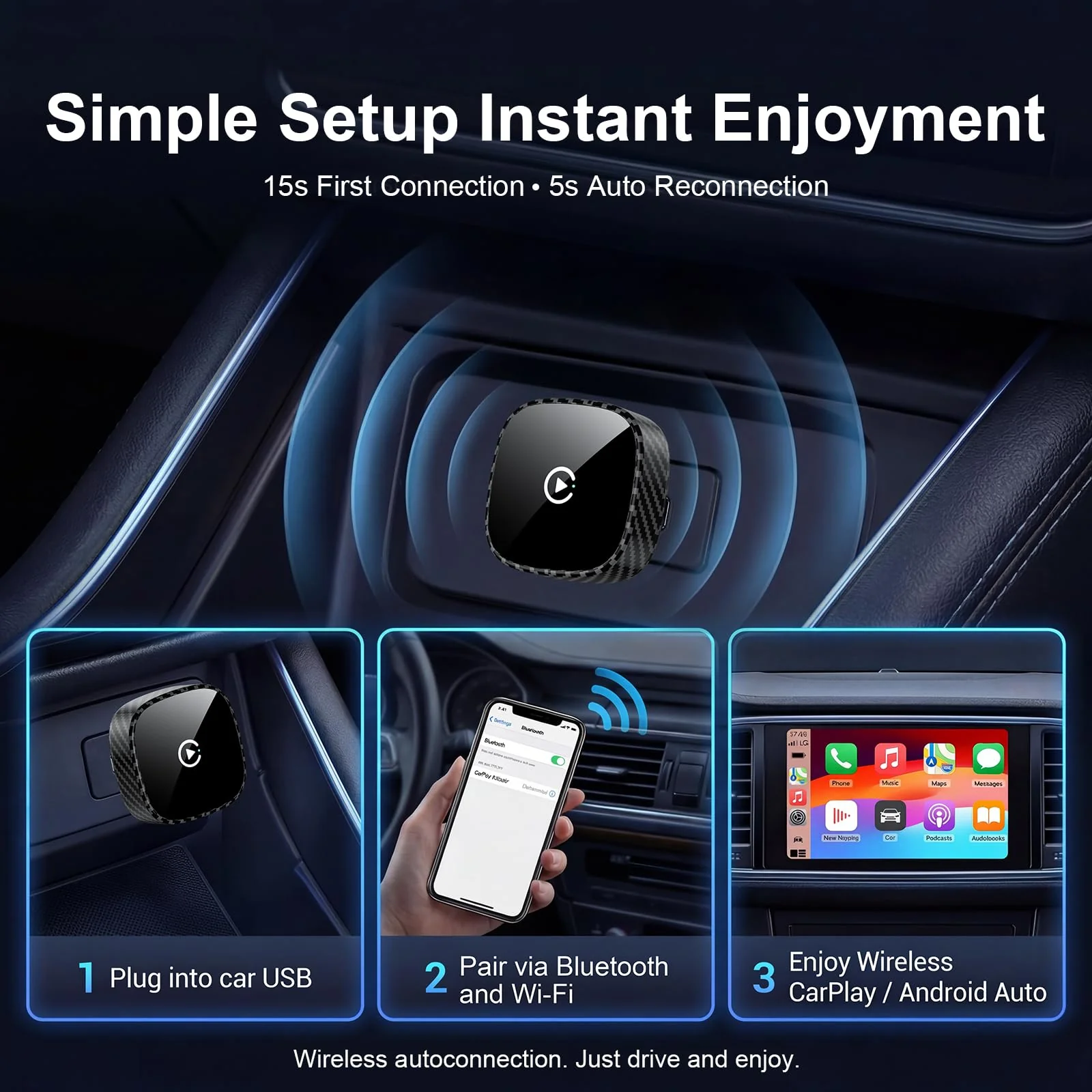 Wireless CarPlay Adapter for Apple iPhone & Android Auto 2026 Upgrade - Bluetooth & Wi-Fi, Plug & Play, 3X Fast Auto-Reconnect, No Latency, Convert Wired to Wireless Car Play Adapter (Black) - Image 7