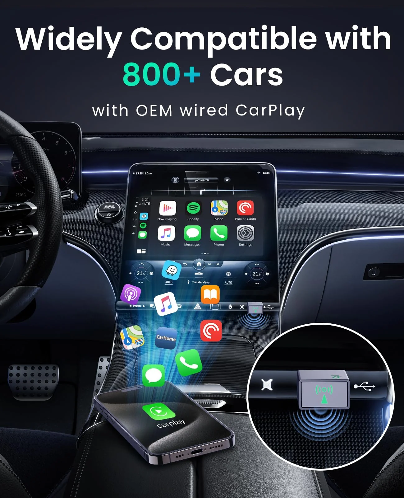 Wireless CarPlay Adapter for iPhone, Apple CarPlay Wireless Adapter 2024, Plug & Play Conversion from Wired to Wireless Bluetooth CarPlay, No Latency for iOS 10+ and Cars from 2016, USB Tpye A USB Type A - Image 5
