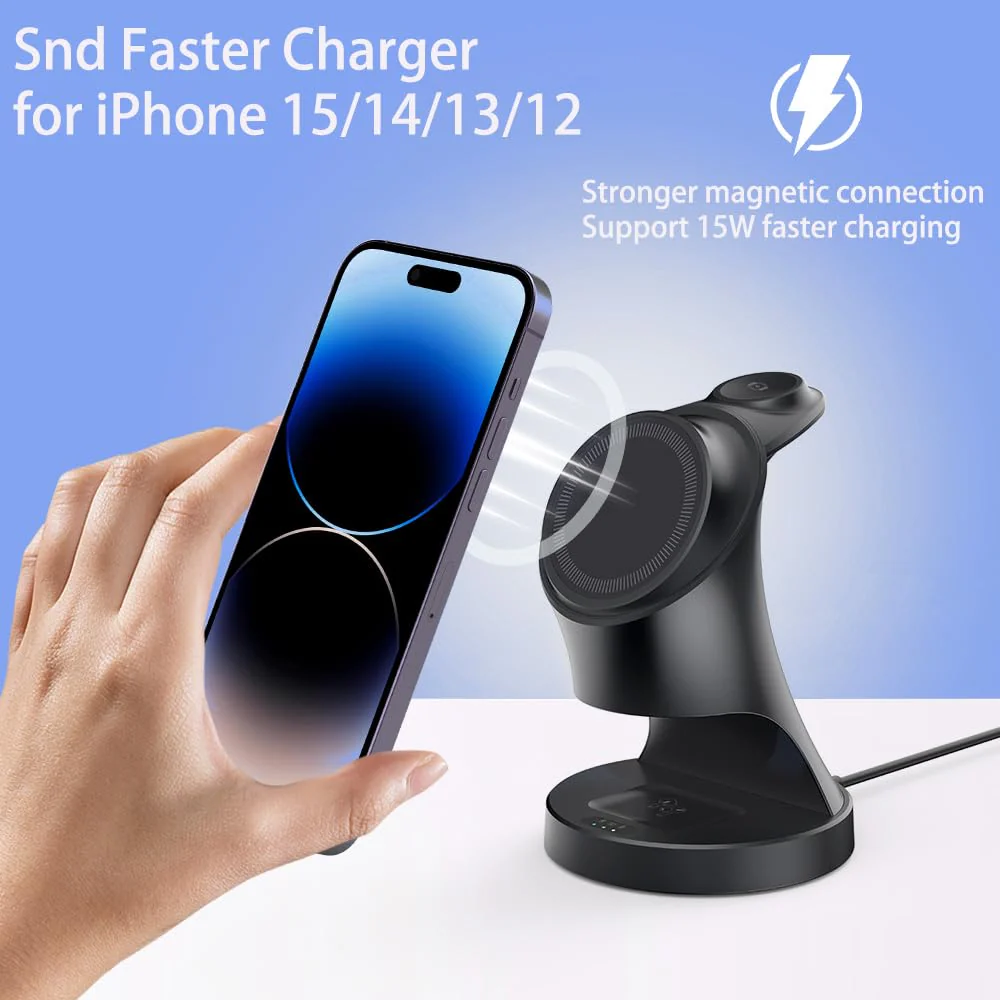 Wireless Charger,3 in 1 Magnetic Wireless Charger Stand, Fast Wireless Charging Dock for iPhone16/15/14/13/12 Series, Apple Watch Series, AirPods Pro. Black - Image 2