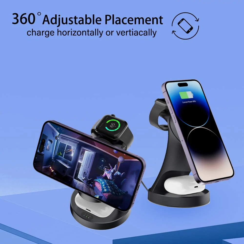Wireless Charger,3 in 1 Magnetic Wireless Charger Stand, Fast Wireless Charging Dock for iPhone16/15/14/13/12 Series, Apple Watch Series, AirPods Pro. Black - Image 3