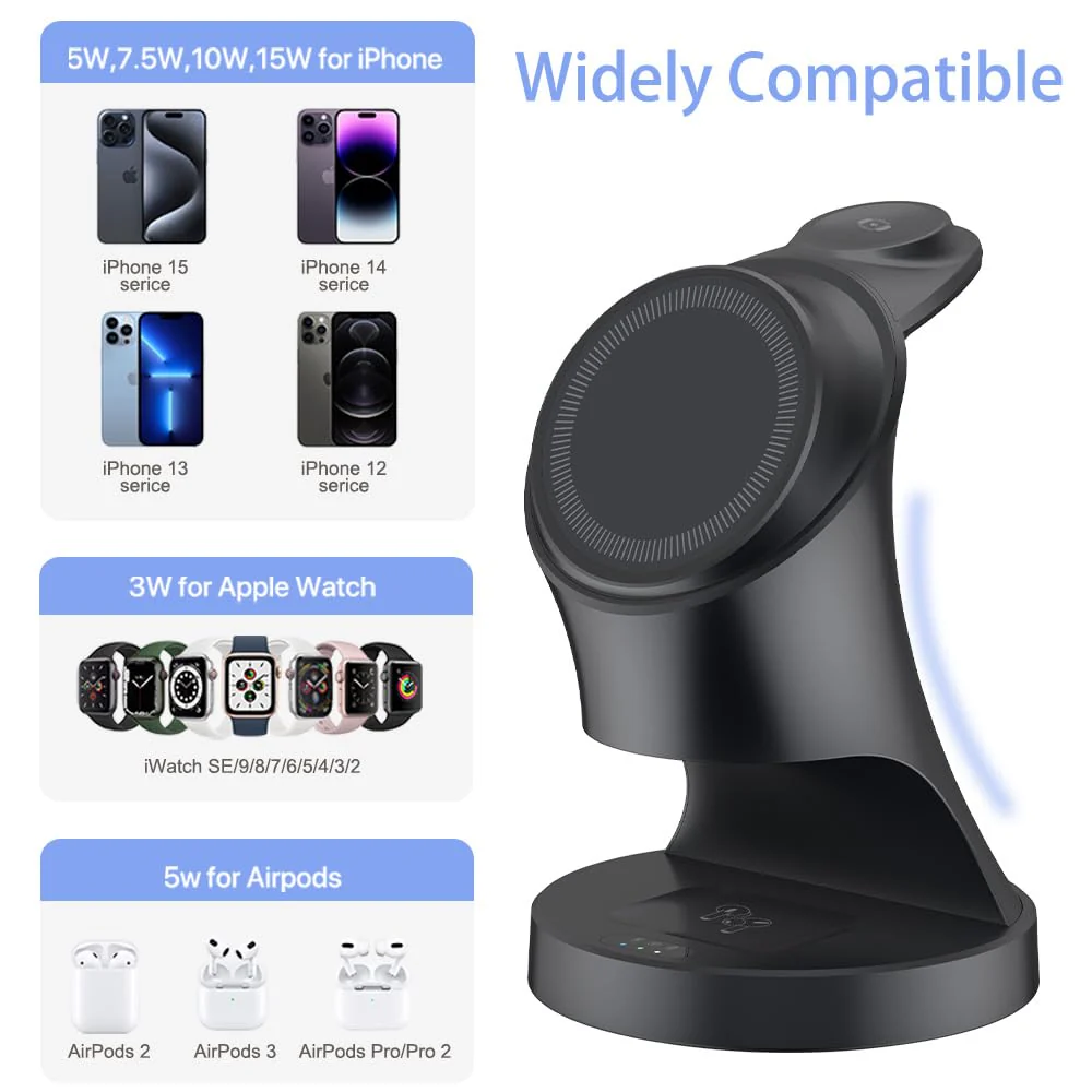 Wireless Charger,3 in 1 Magnetic Wireless Charger Stand, Fast Wireless Charging Dock for iPhone16/15/14/13/12 Series, Apple Watch Series, AirPods Pro. Black - Image 4
