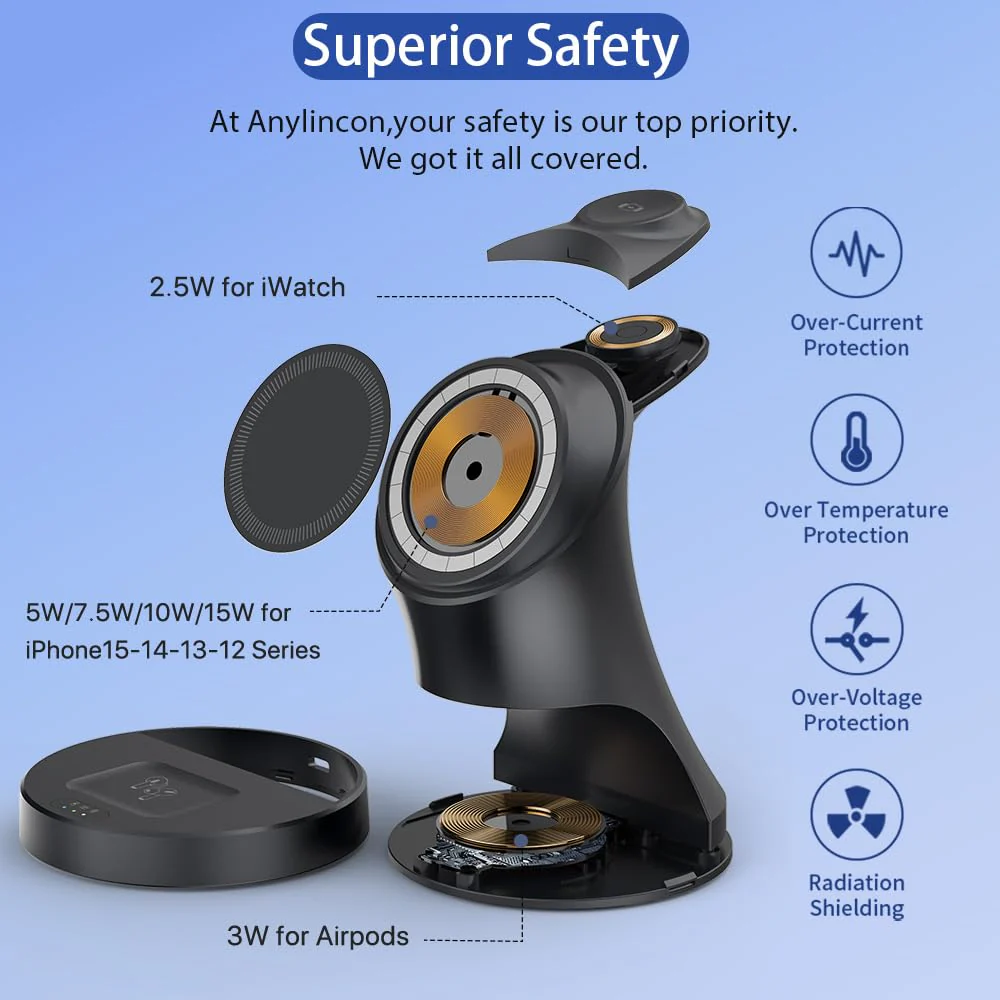 Wireless Charger,3 in 1 Magnetic Wireless Charger Stand, Fast Wireless Charging Dock for iPhone16/15/14/13/12 Series, Apple Watch Series, AirPods Pro. Black - Image 5