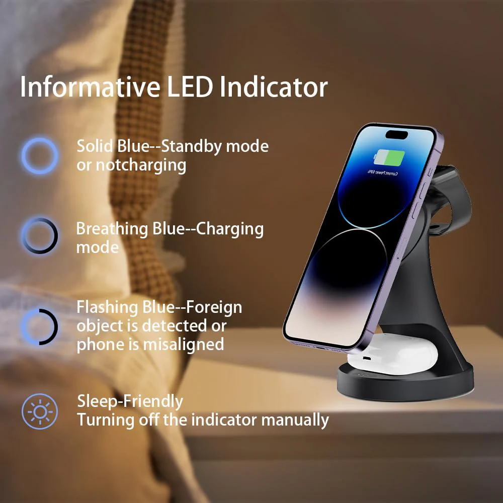 Wireless Charger,3 in 1 Magnetic Wireless Charger Stand, Fast Wireless Charging Dock for iPhone16/15/14/13/12 Series, Apple Watch Series, AirPods Pro. Black - Image 6