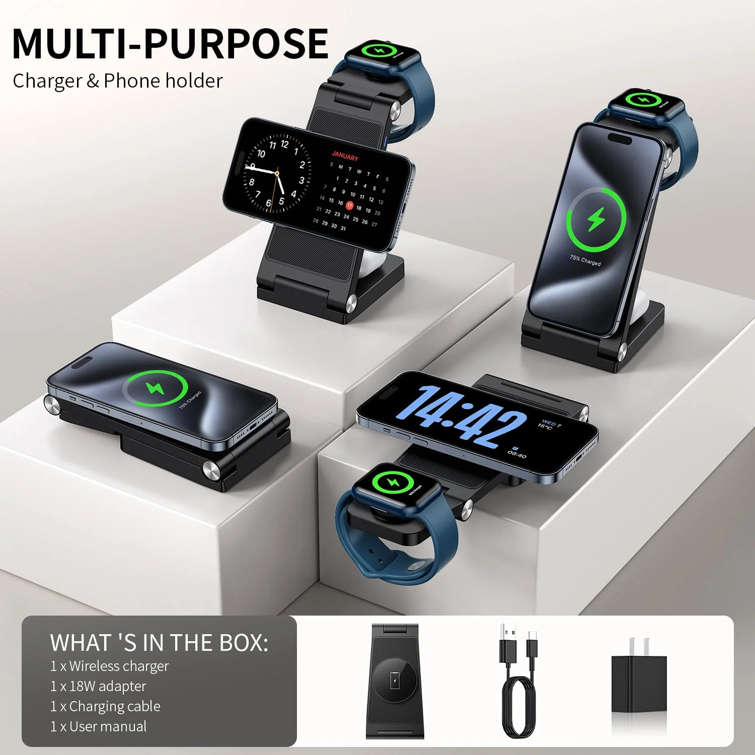 Wireless Charger iphone,3 in 1 Foldable Magnetic Wireless charging station,Travel Charger for Multiple Devices for iPhone 15/14/13/12 /Pro/Pro Max, Apple Watch Ultra/SE/9/8/7/6/5/4/3/2,Air Pods - Image 2