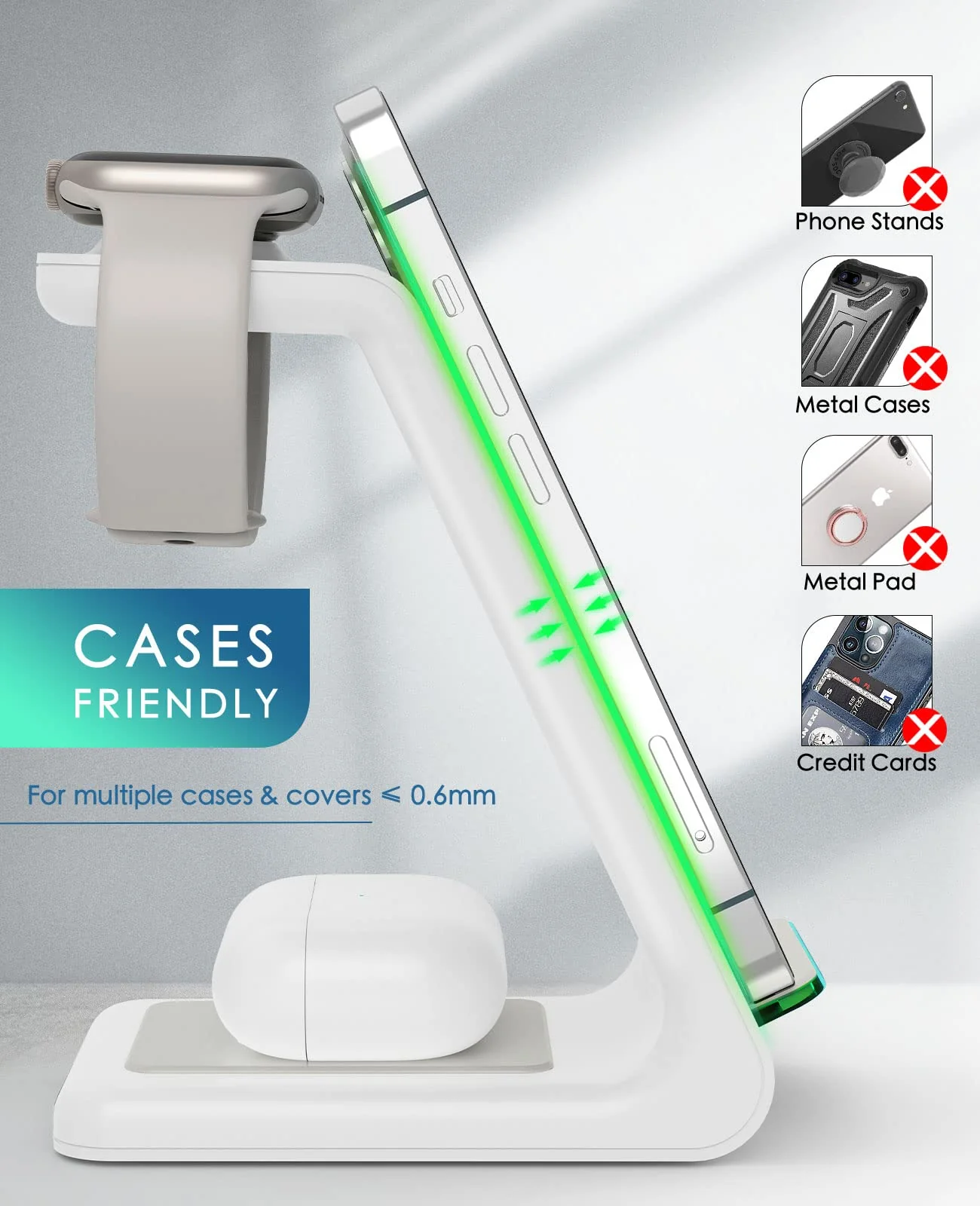 Wireless Charging Station, 3 in 1 Fast Desk Charging Station, Wireless Charger Stand for iPhone 15/14/13/12/11 Pro Max/X/Xs Max/8/8 Plus, AirPods 3/2/pro, iWatch Series 9/8/7/6/5/SE/4/3/2 White - Image 3