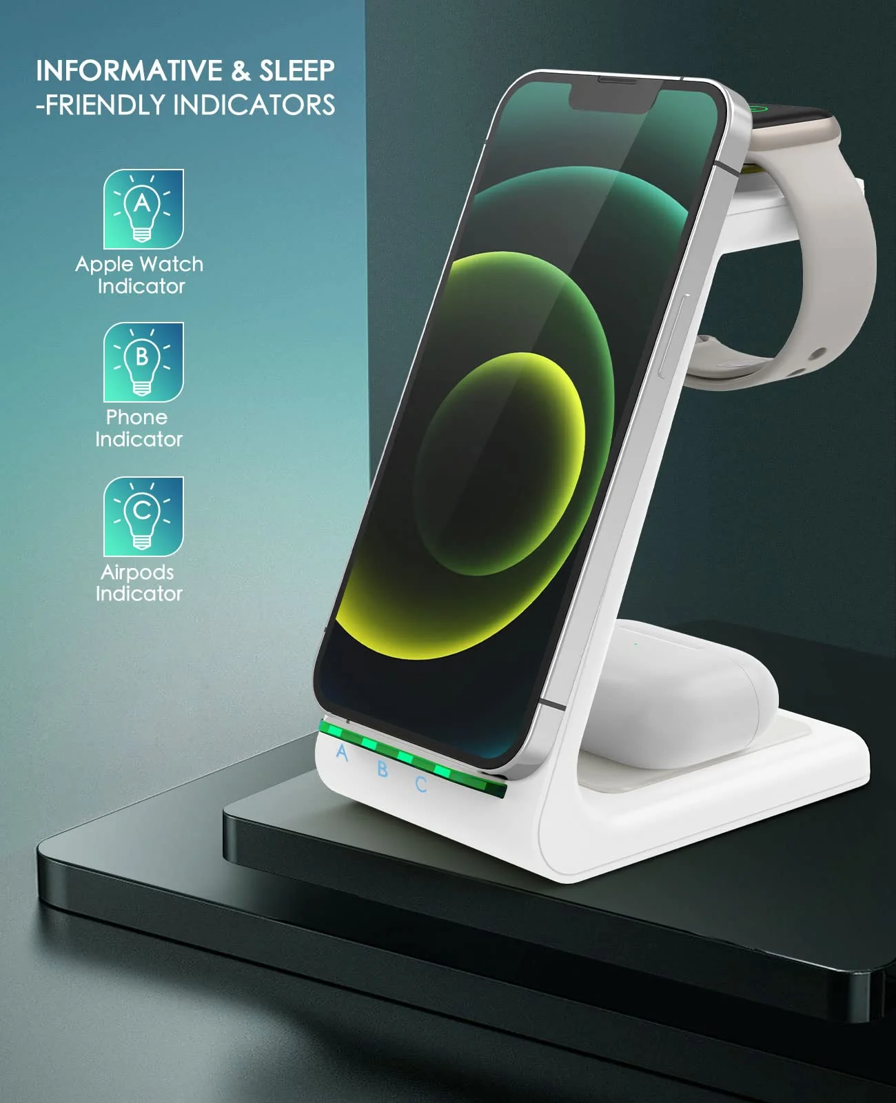 Wireless Charging Station, 3 in 1 Fast Desk Charging Station, Wireless Charger Stand for iPhone 15/14/13/12/11 Pro Max/X/Xs Max/8/8 Plus, AirPods 3/2/pro, iWatch Series 9/8/7/6/5/SE/4/3/2 White - Image 4