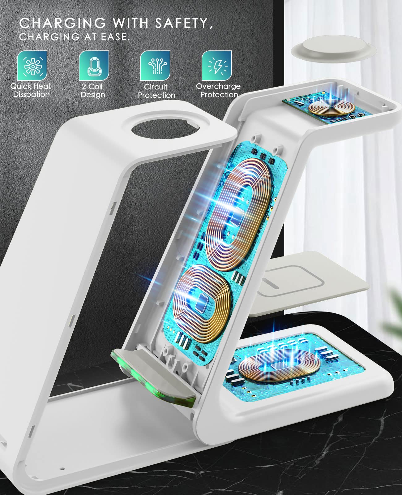 Wireless Charging Station, 3 in 1 Fast Desk Charging Station, Wireless Charger Stand for iPhone 15/14/13/12/11 Pro Max/X/Xs Max/8/8 Plus, AirPods 3/2/pro, iWatch Series 9/8/7/6/5/SE/4/3/2 White - Image 5