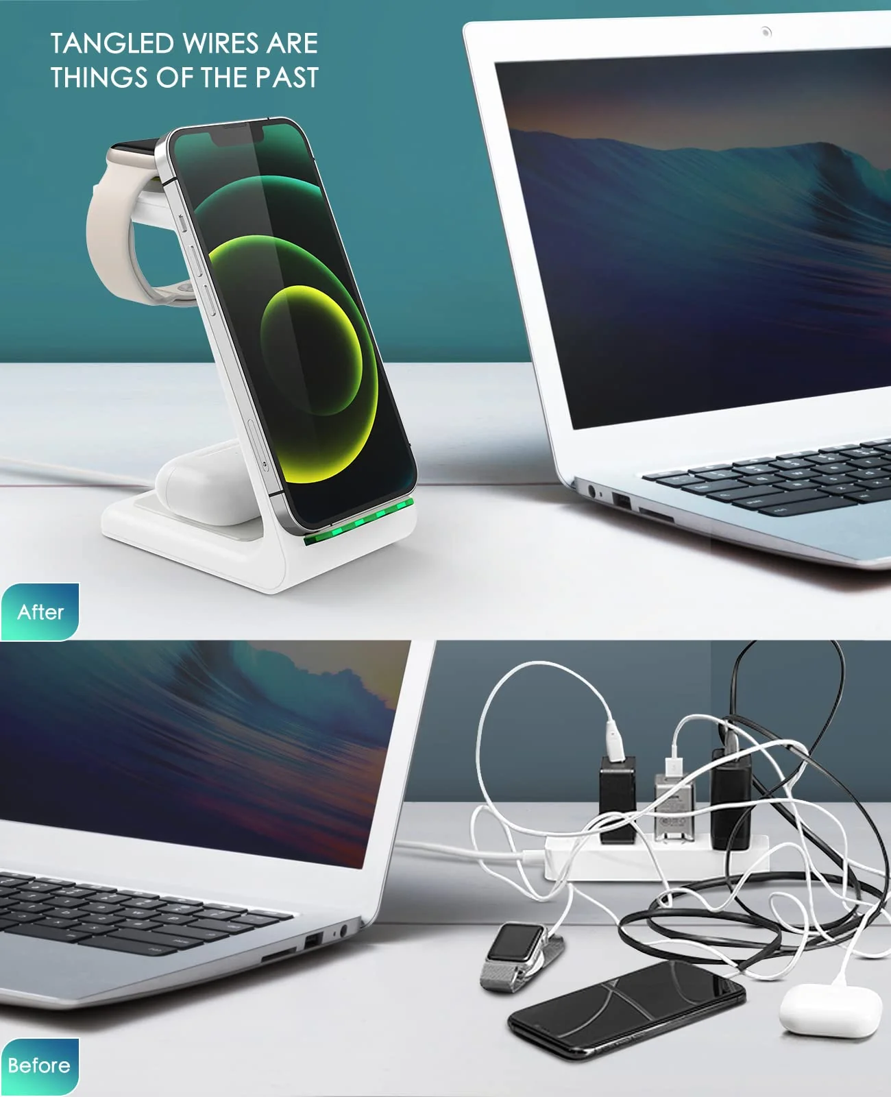 Wireless Charging Station, 3 in 1 Fast Desk Charging Station, Wireless Charger Stand for iPhone 15/14/13/12/11 Pro Max/X/Xs Max/8/8 Plus, AirPods 3/2/pro, iWatch Series 9/8/7/6/5/SE/4/3/2 White - Image 6
