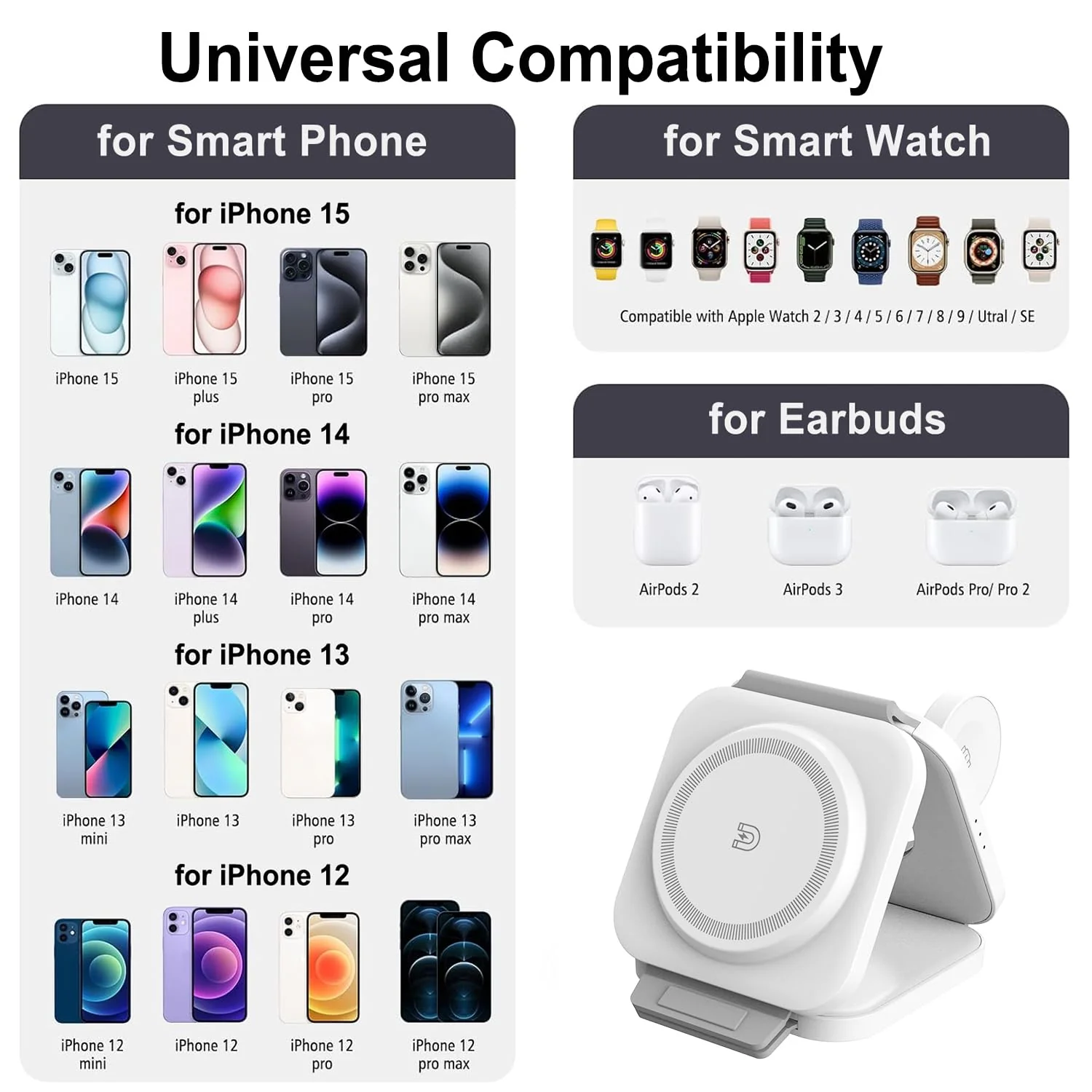 Wireless Charging Station for Apple Multiple Devices - 3 in 1 Foldable Magnetic Wireless Charger - Travel Charging Pad for iPhone 16 15 14 13 12 Pro Max Plus Watch & AirPods (White) White - Image 3