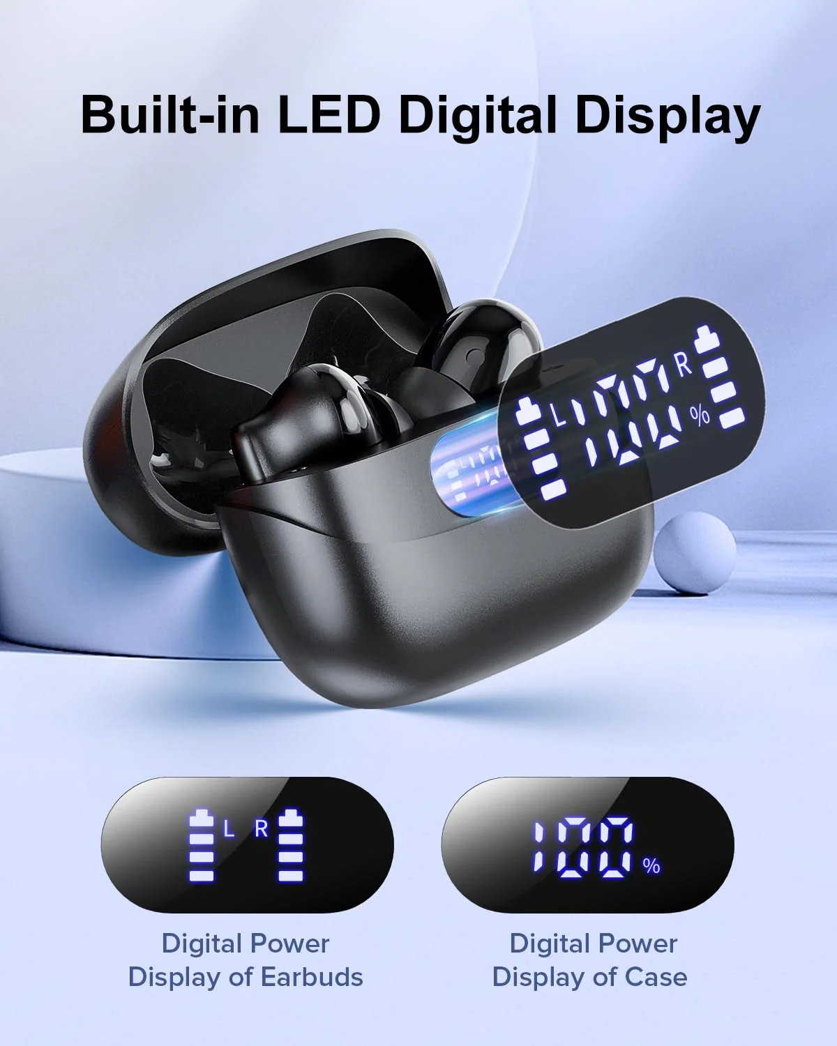 Wireless Earbuds, 42H Playtime Bluetooth 5.3 Headphones, HiFi Stereo Call Noise Cancelling Earbuds, IPX7 Waterproof Stereo in-Ear Earphones with LED Display for iOS Android Cell Phone (Black) Black - Image 3