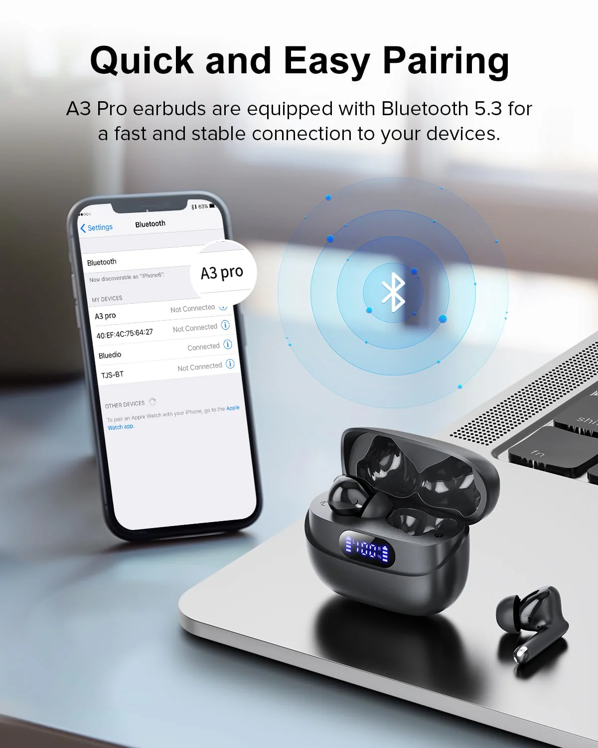 Wireless Earbuds, 42H Playtime Bluetooth 5.3 Headphones, HiFi Stereo Call Noise Cancelling Earbuds, IPX7 Waterproof Stereo in-Ear Earphones with LED Display for iOS Android Cell Phone (Black) Black - Image 4
