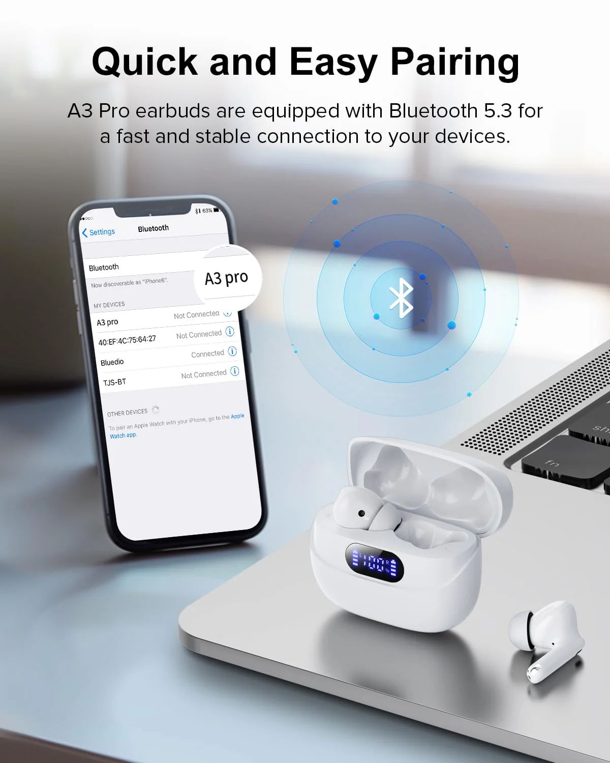 Wireless Earbuds, 42H Playtime Bluetooth 5.3 Headphones, HIFI Stereo Call Noise Cancelling Earbuds, IPX7 Waterproof Stereo in-Ear Earphones with LED Display for IOS Android Cell Phone (White) White - Image 3