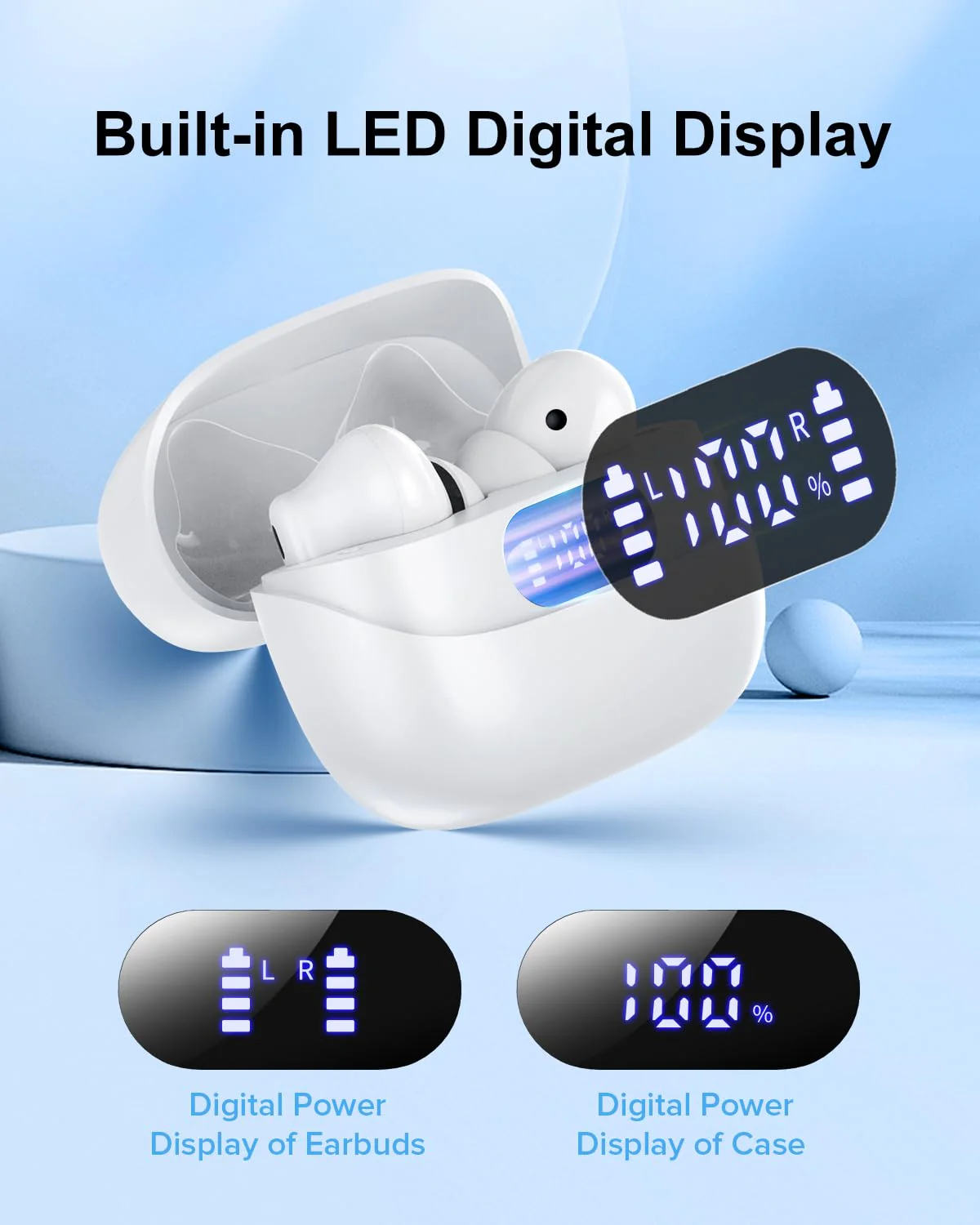 Wireless Earbuds, 42H Playtime Bluetooth 5.3 Headphones, HIFI Stereo Call Noise Cancelling Earbuds, IPX7 Waterproof Stereo in-Ear Earphones with LED Display for IOS Android Cell Phone (White) White - Image 4