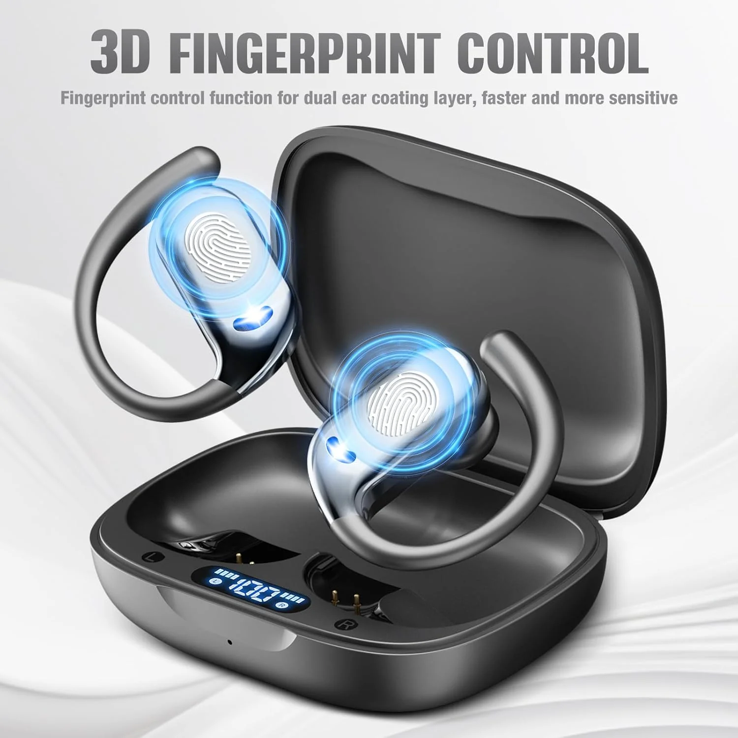 Wireless Earbuds Bluetooth Headphones 80hrs Playback Ear Buds Power Display with Noise Canceling Mic with Earhooks for Sports/Workout/Running, Black - Image 4