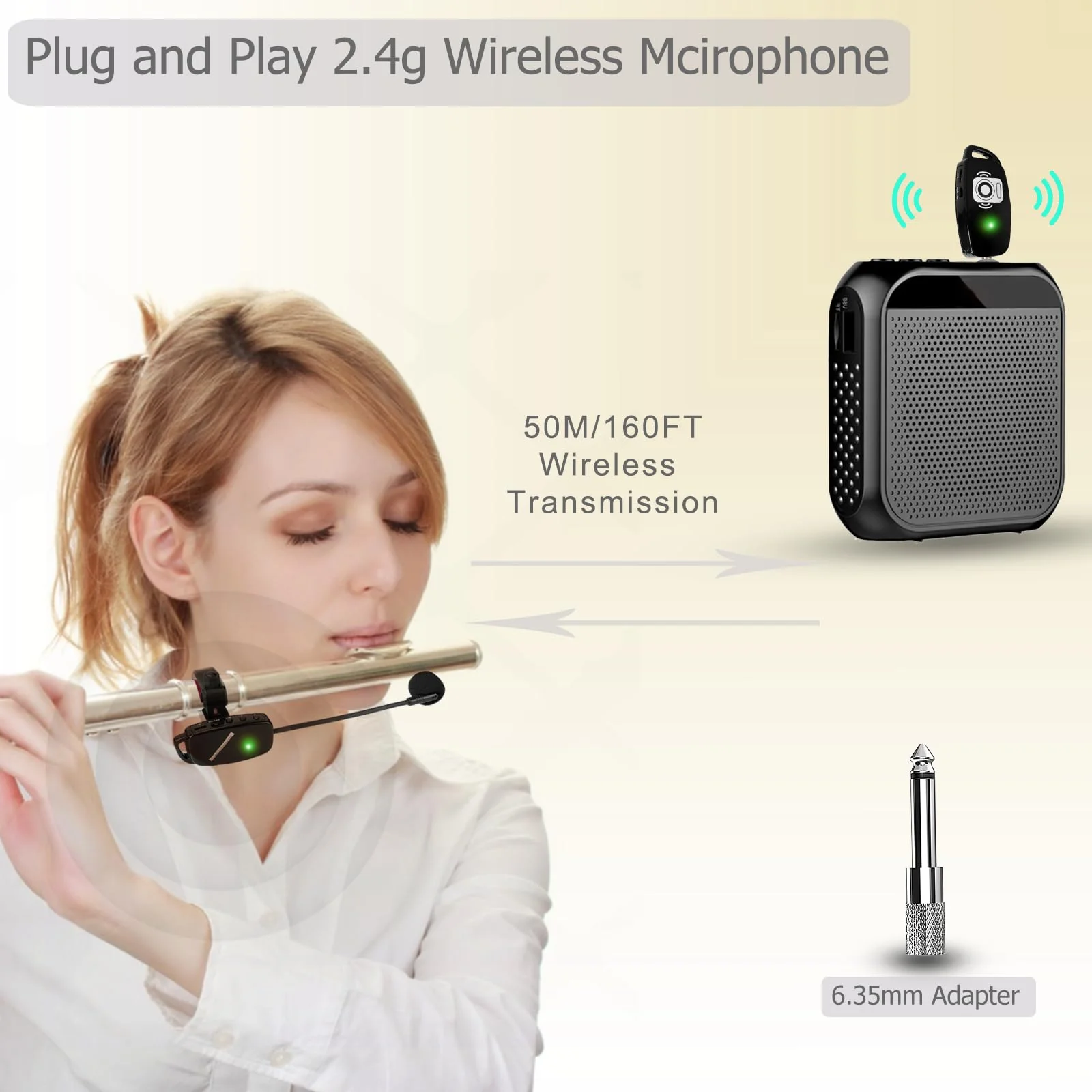 Wireless Flute Microphone for Instrument System: 2.4G Cordless Professional Mic Wind Music Instruments Microphone Receiver and Transmitter, 160ft Range for Flute, Piccolo, Clarinet - Image 3