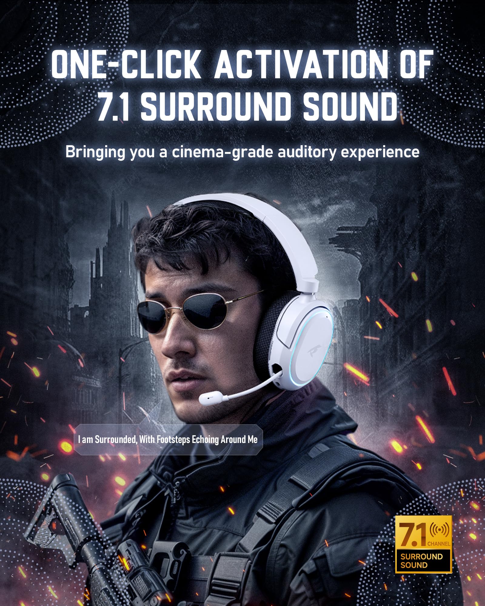 Wireless Gaming Headset, 7.1 Surround Sound, 2.4GHz USB Gaming Headphones with Bluetooth 5.4, 100H Battery, ENC Noise Canceling Mic, RGB Light, Wireless Headset for PC PS5 PS4 Mac Switch (Black-White) Black-White - Image 2