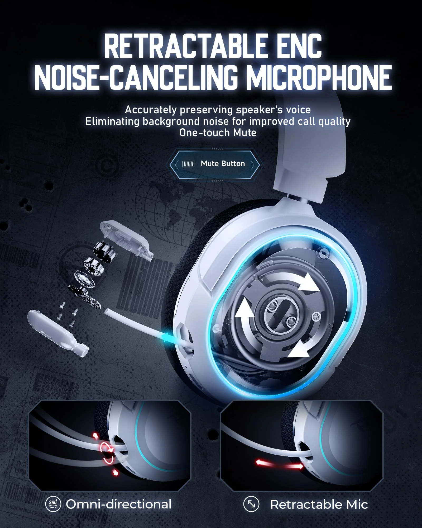 Wireless Gaming Headset, 7.1 Surround Sound, 2.4GHz USB Gaming Headphones with Bluetooth 5.4, 100H Battery, ENC Noise Canceling Mic, RGB Light, Wireless Headset for PC PS5 PS4 Mac Switch (Black-White) Black-White - Image 5