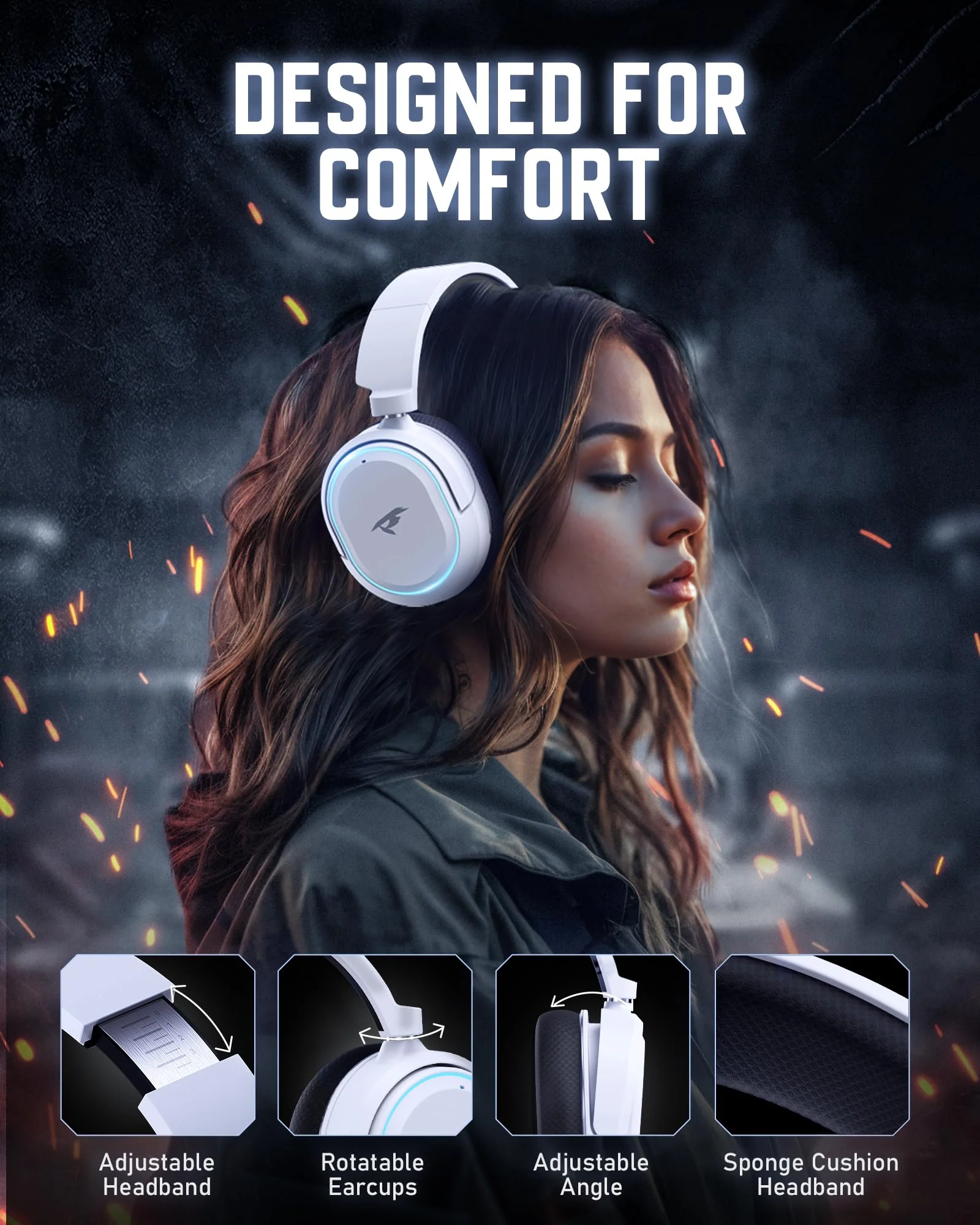 Wireless Gaming Headset, 7.1 Surround Sound, 2.4GHz USB Gaming Headphones with Bluetooth 5.4, 100H Battery, ENC Noise Canceling Mic, RGB Light, Wireless Headset for PC PS5 PS4 Mac Switch (Black-White) Black-White - Image 8