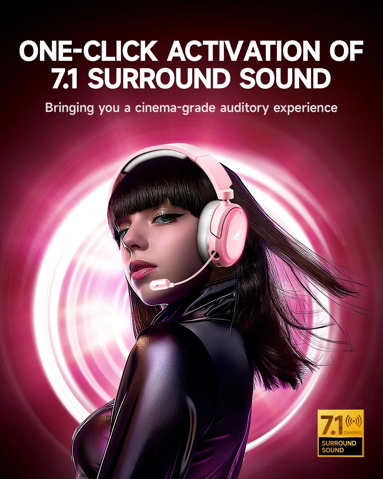 Wireless Gaming Headset, 7.1 Surround Sound, 2.4GHz USB Gaming Headphones with Bluetooth 5.4, 100H Battery, ENC Noise Canceling Mic, RGB Light, Wireless Headset for PC PS5 PS4 Mac Switch (Gray-Pink) White-Pink - Image 2